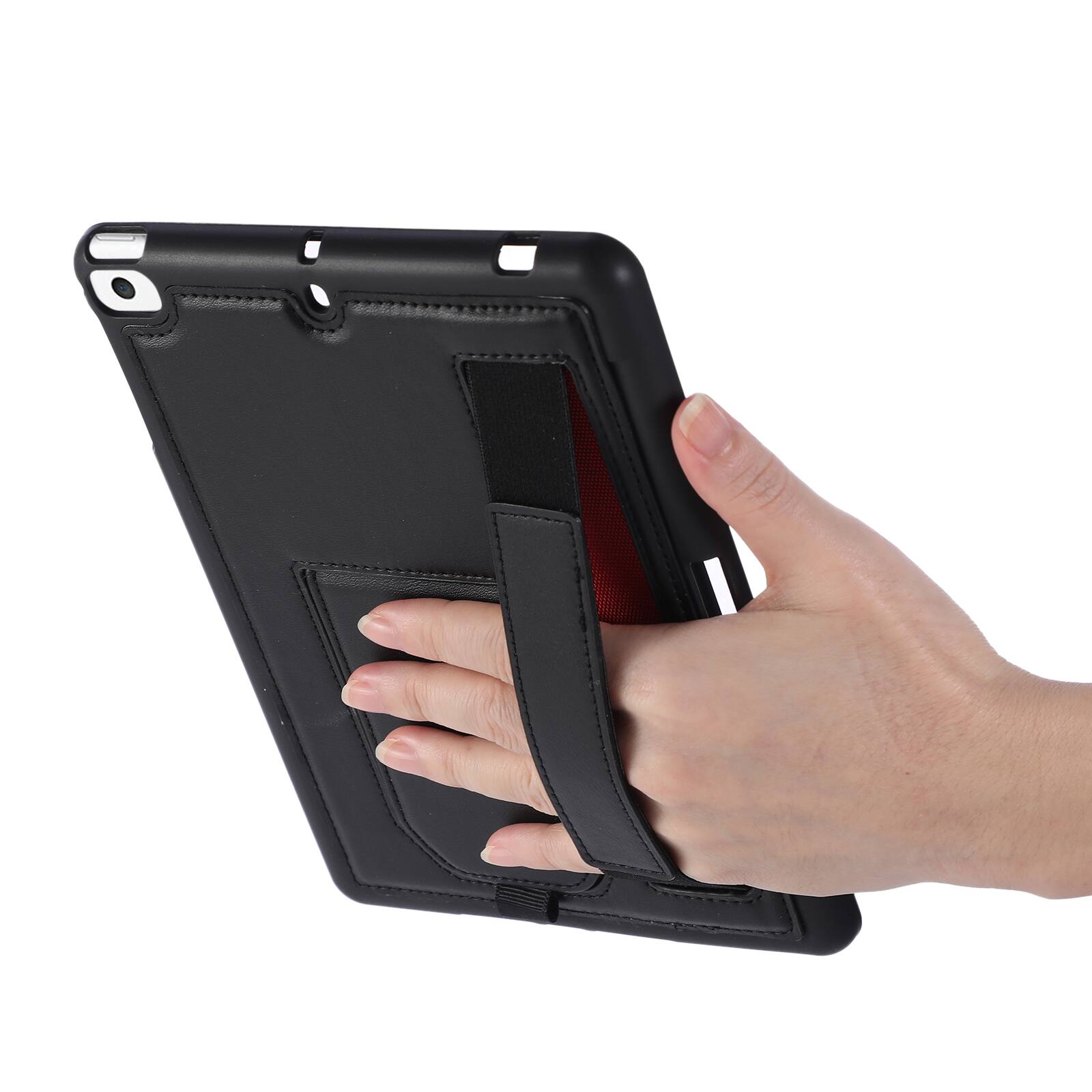 Left. Dteck - Shockproof Case for Apple iPad mini (5th Generation) 2019 with Hand Strap and Kickstand, PU Leather TPU Protective Cover - Black.