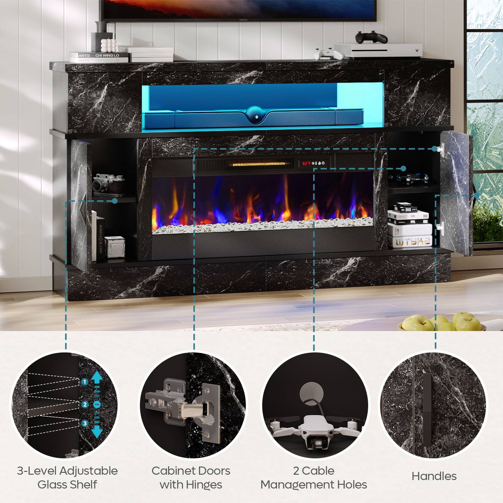 The text on the image is grouped and corrected as follows:

1. 3-Level Adjustable Glass Shelf Cabinet Doors 2 Cable with Hinges Management Holes Handles

This text describes the features of the cabinet doors, which include a three-level adjustable glass shelf, cable management holes, and hinges for easy opening and closing. The doors are designed to provide both functionality and a sleek appearance.