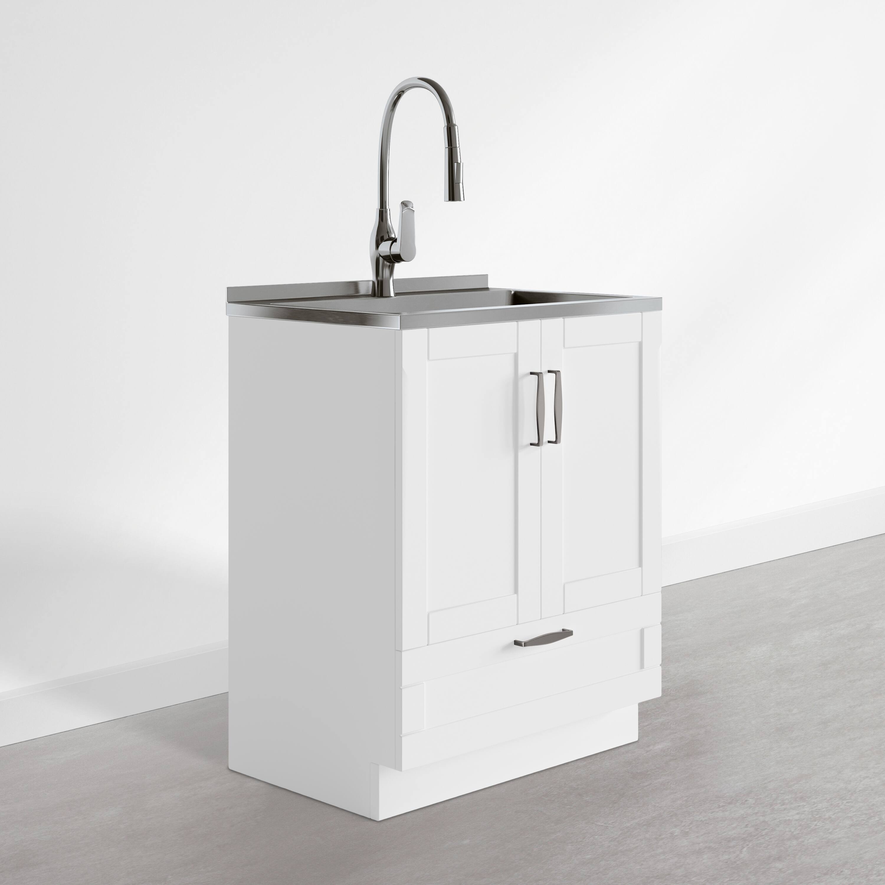 Angle. Simpli Home - Reed 28 inch Wide Utility Sink and Laundry Cabinet, Glacier White Finish - Glacier White.