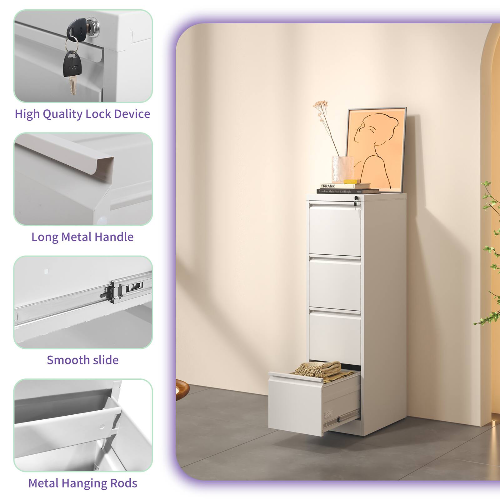 - High Quality Lock Device
- Long Metal Handle
- Smooth slide
- Metal Hanging Rods