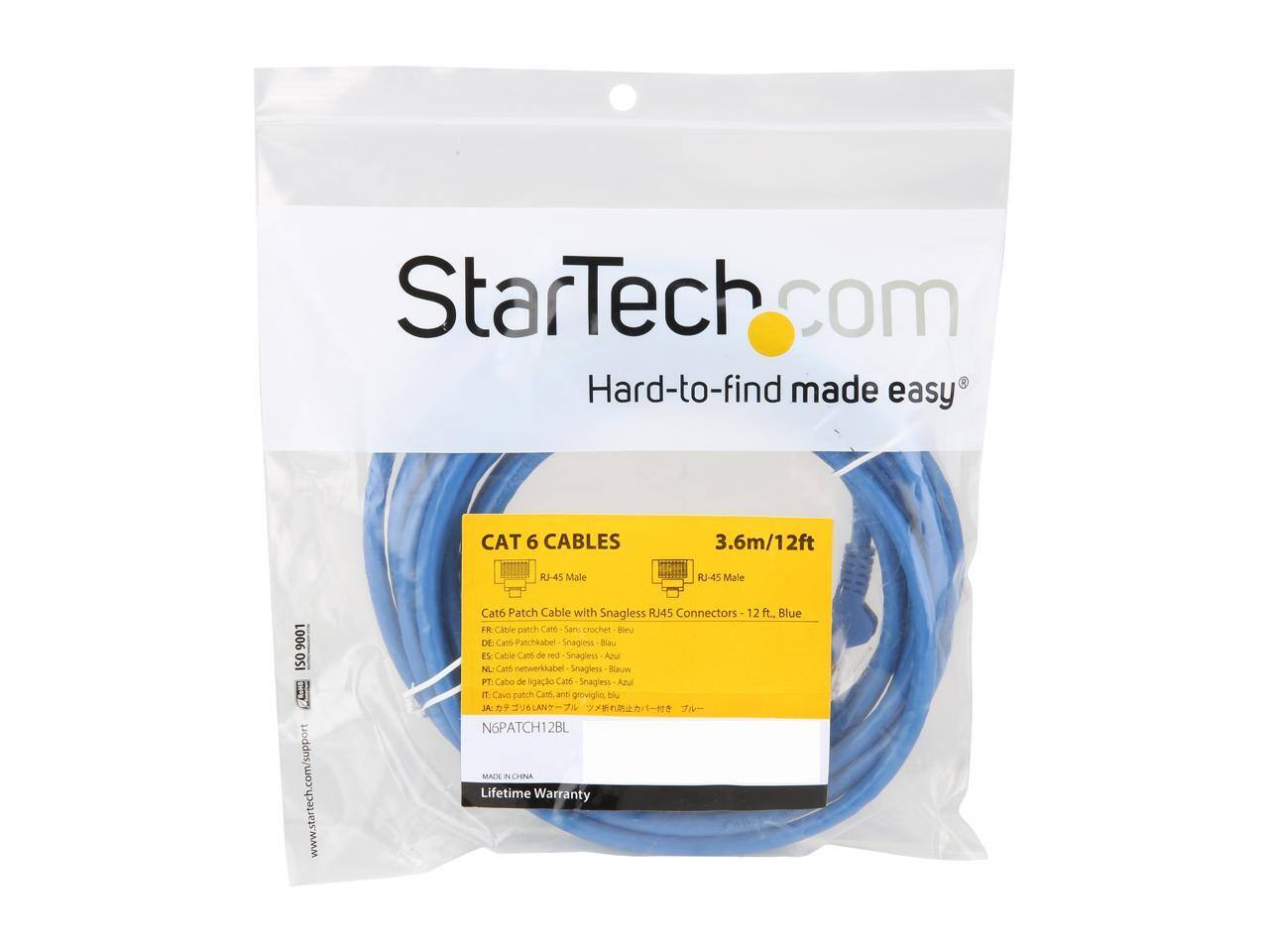 StarTech.com  
Hard-to-find made easy

CAT 6 CABLES  
3.6m/12ft  
RJ-45 Male  
RJ-45 Male

Cat6 Patch Cable with Snagless RJ45 Connectors - 12 ft., Blue  
FR: Cable patch Cat6 - Sans crochet Bleu  
DE: Cat6 Patchkabel Snagless Blau  
ES: Cable de red Snagless Azul  
NL: Can6 netwerkkabel Snagless Blauw  
PT: Cabo de ligação Cat6 Snagless Azul  
IT: Cavo patch Cat6, anti groviglio, blu  
JA: カテゴリ6 LANケーブル - フリースナッグレス  

N6PATCH12BL  
MADE IN CHINA  
Lifetime Warranty