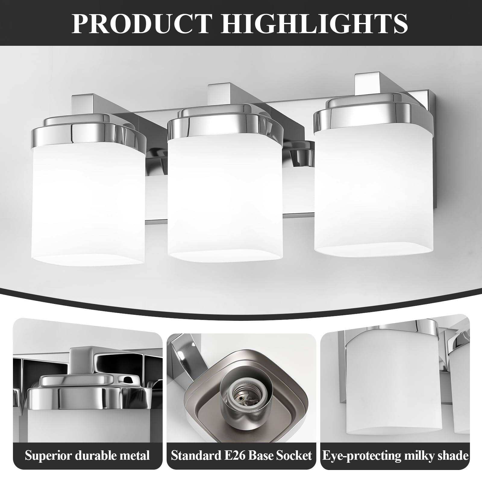 PRODUCT HIGHLIGHTS

- Superior durable metal
- Standard E26 Base Socket
- Eye-protecting milky shade