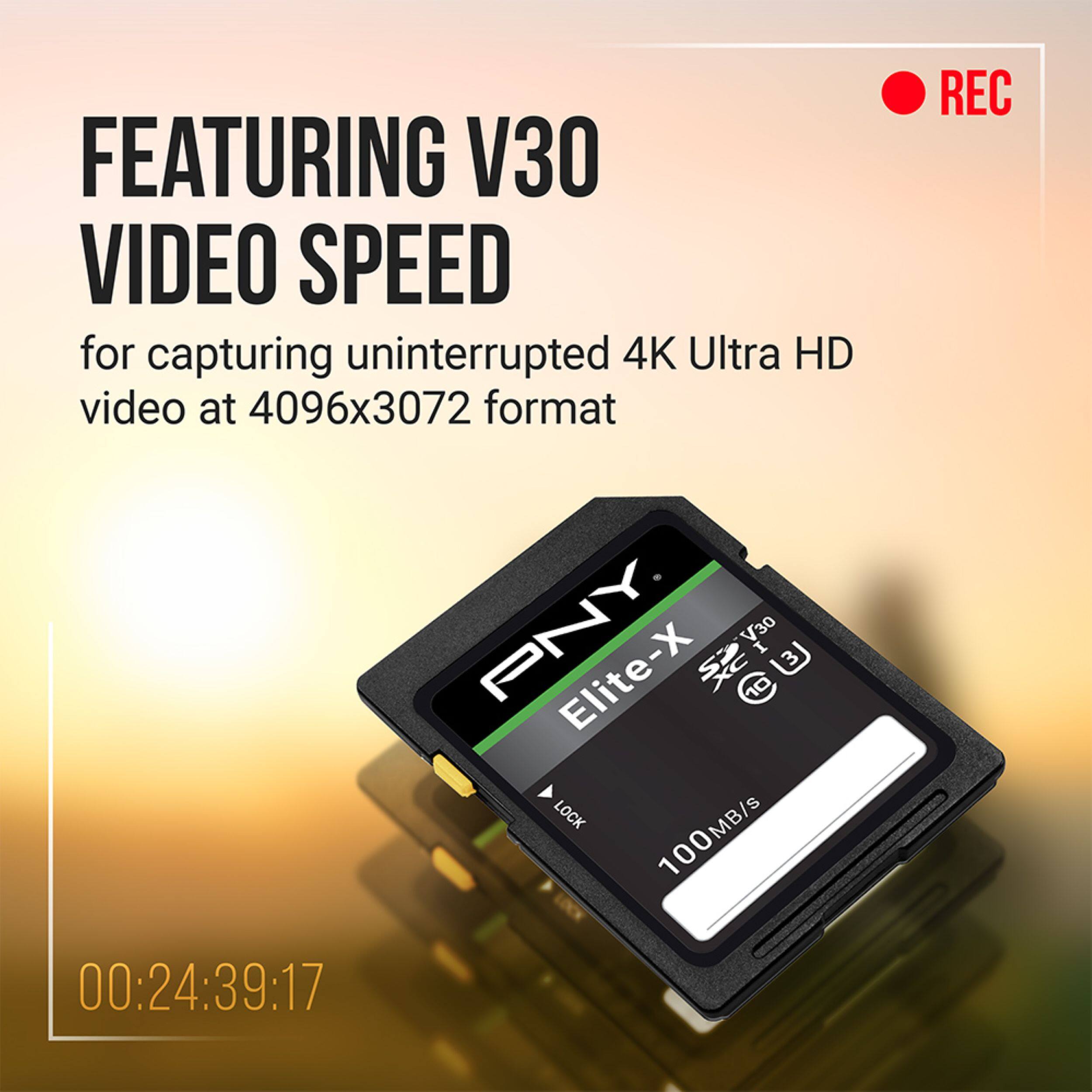 FEATURING V30 VIDEO SPEED for capturing uninterrupted 4K Ultra HD video at 4096x3072 format

REC

PNY Elite-X 100MB/s

00:24:39:17