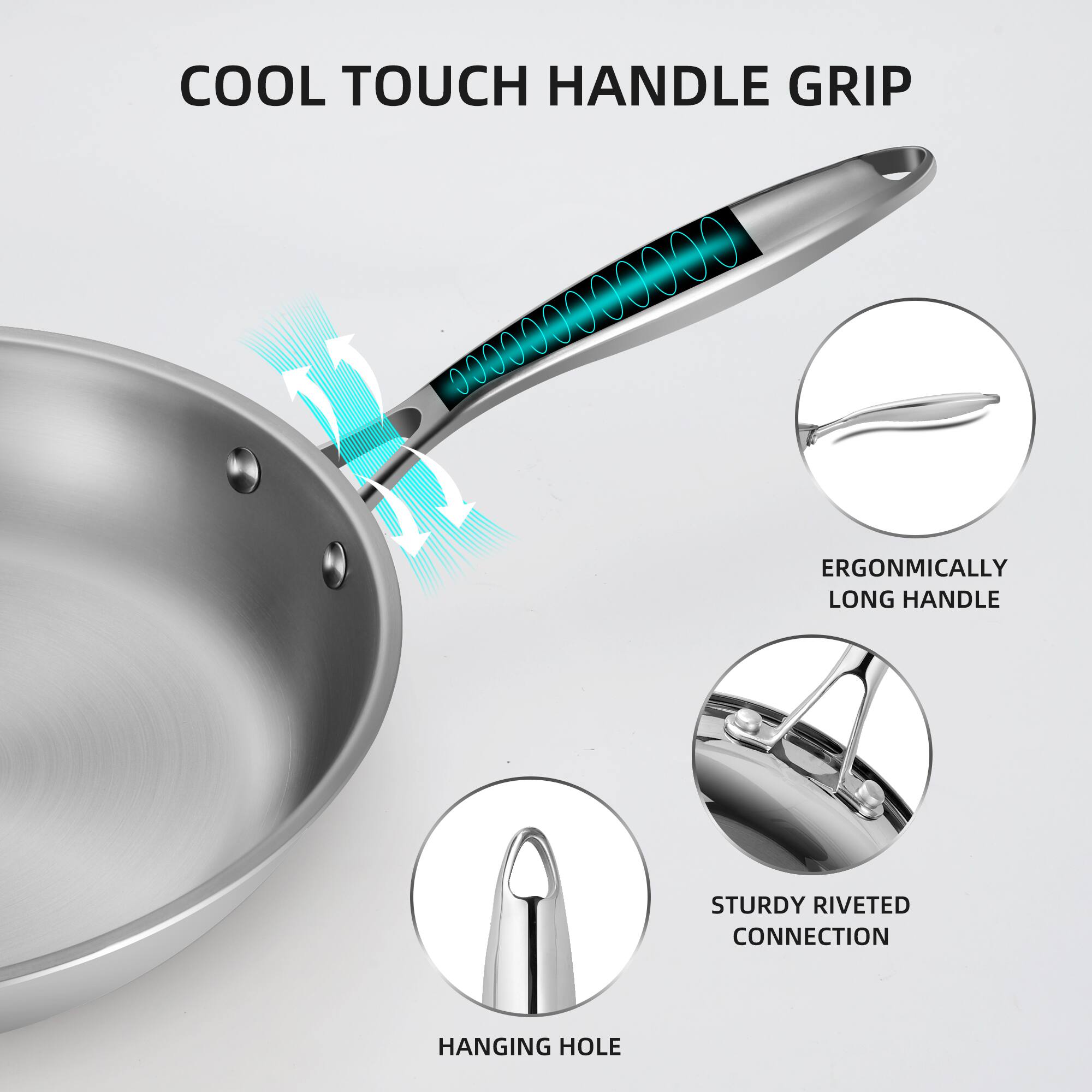 Here is the corrected and grouped text:

- Cool Touch Handle Grip
- Ergonomically Long Handle
- Sturdy Riveted Connection
- Hanging Hole