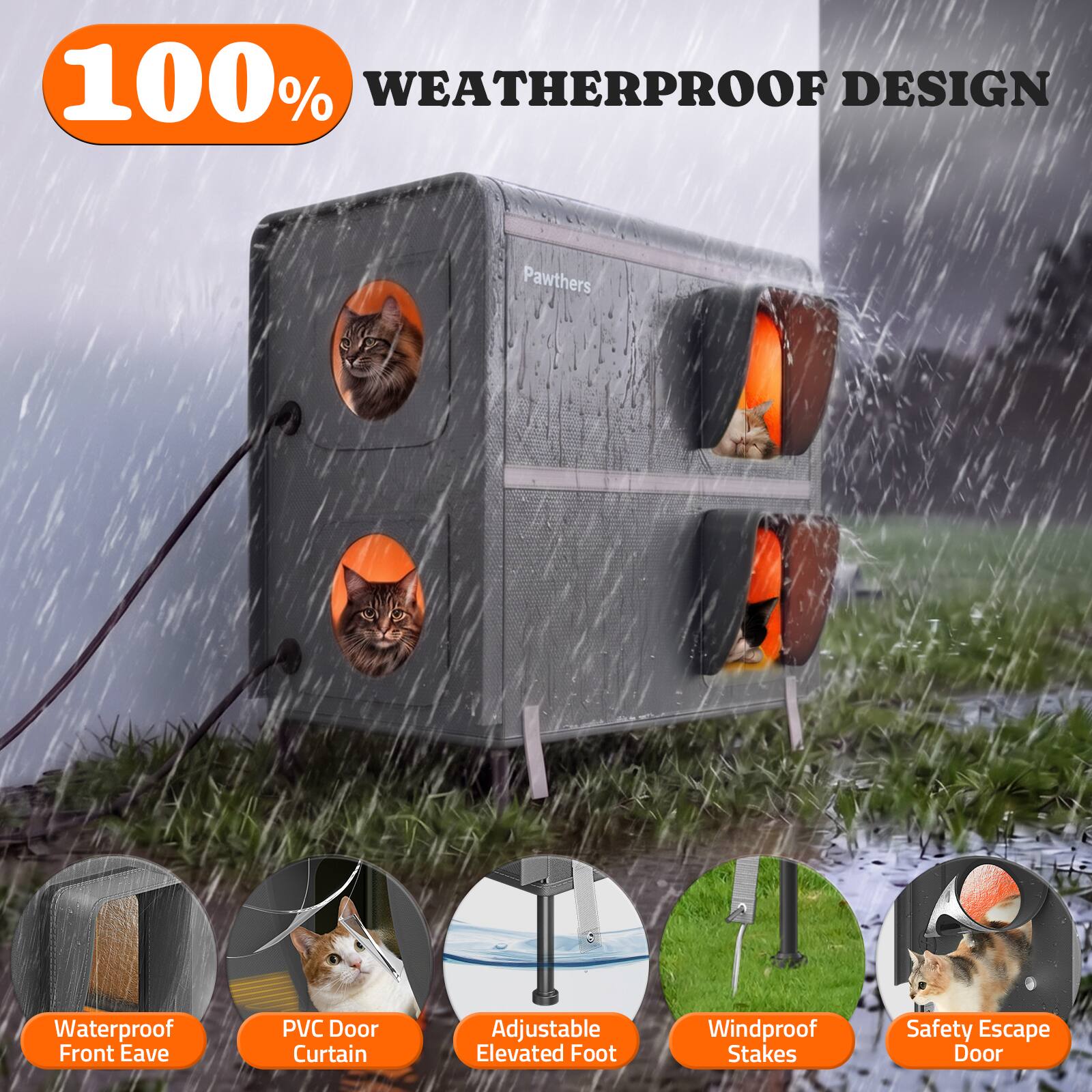100% WEATHERPROOF DESIGN

- Waterproof Front Eave
- PVC Door Curtain
- Adjustable Elevated Foot
- Windproof Stakes
- Safety Escape Door