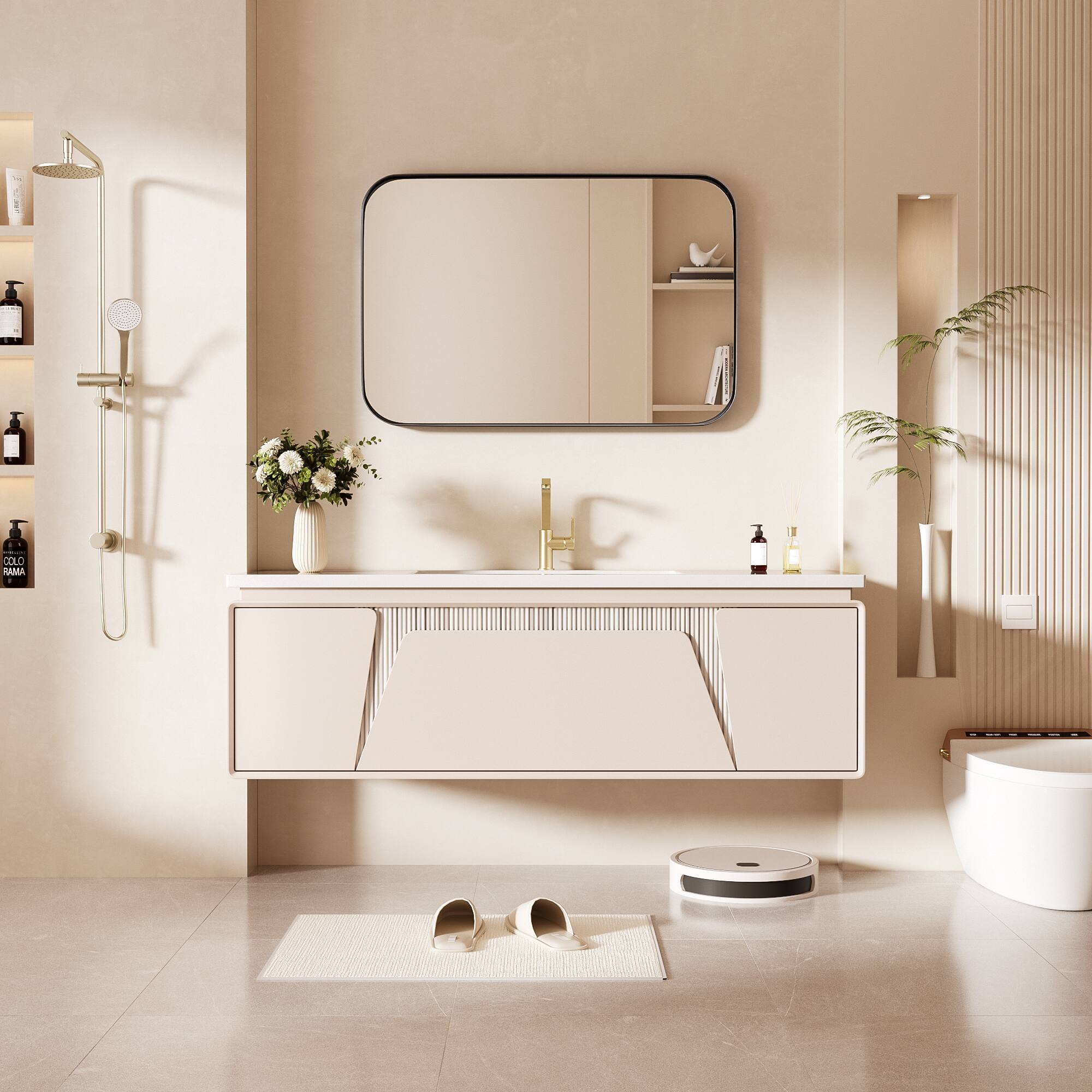 The text "COLD RAMA" is not present in the image. The image shows a bathroom with a sink, mirror, and a toilet. There is also a potted plant in the bathroom.