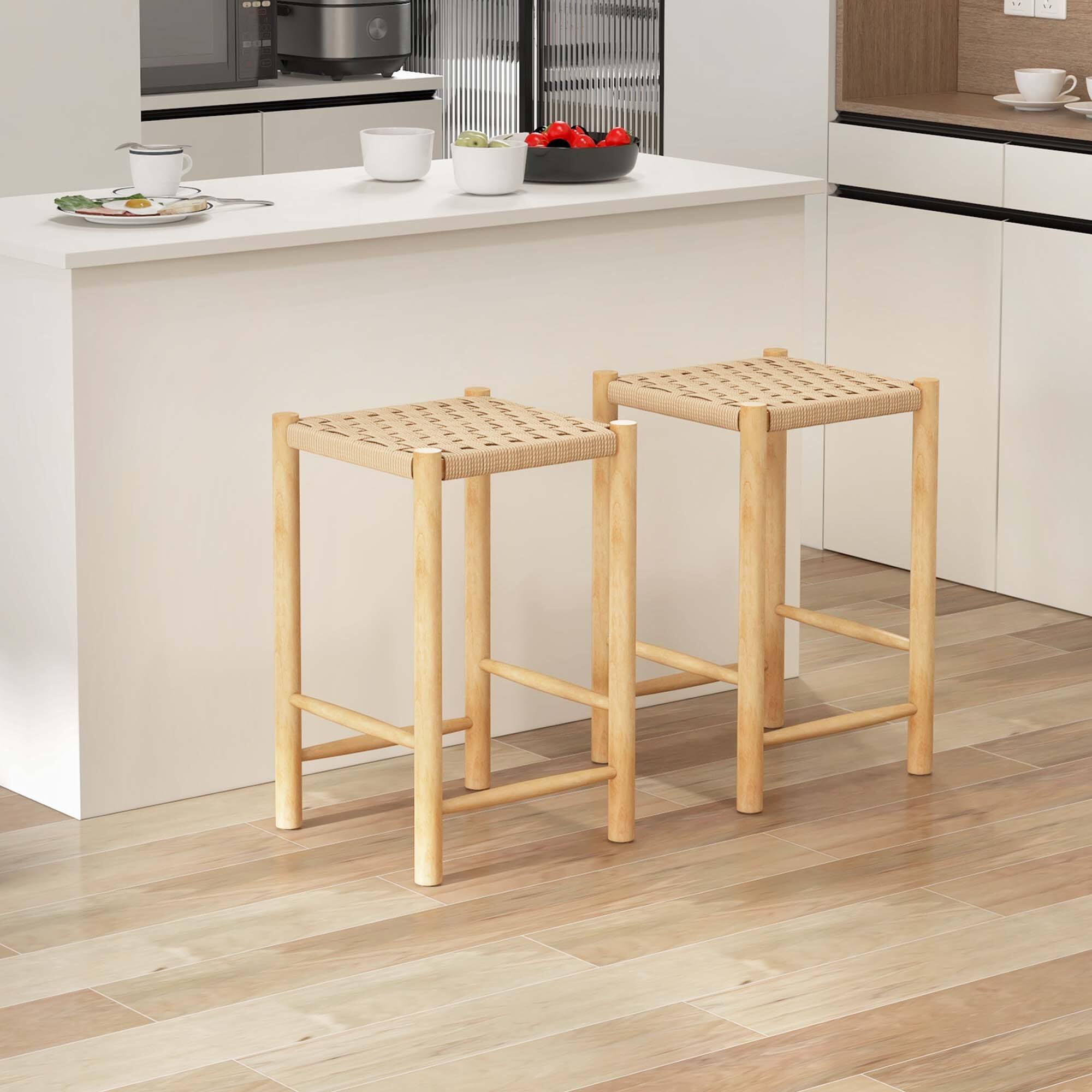 Alt View 1. Costway - 26" Dining Bar Stool Set of 2 Counter Height with Rubber Wood Woven Saddle Seat - Natural.