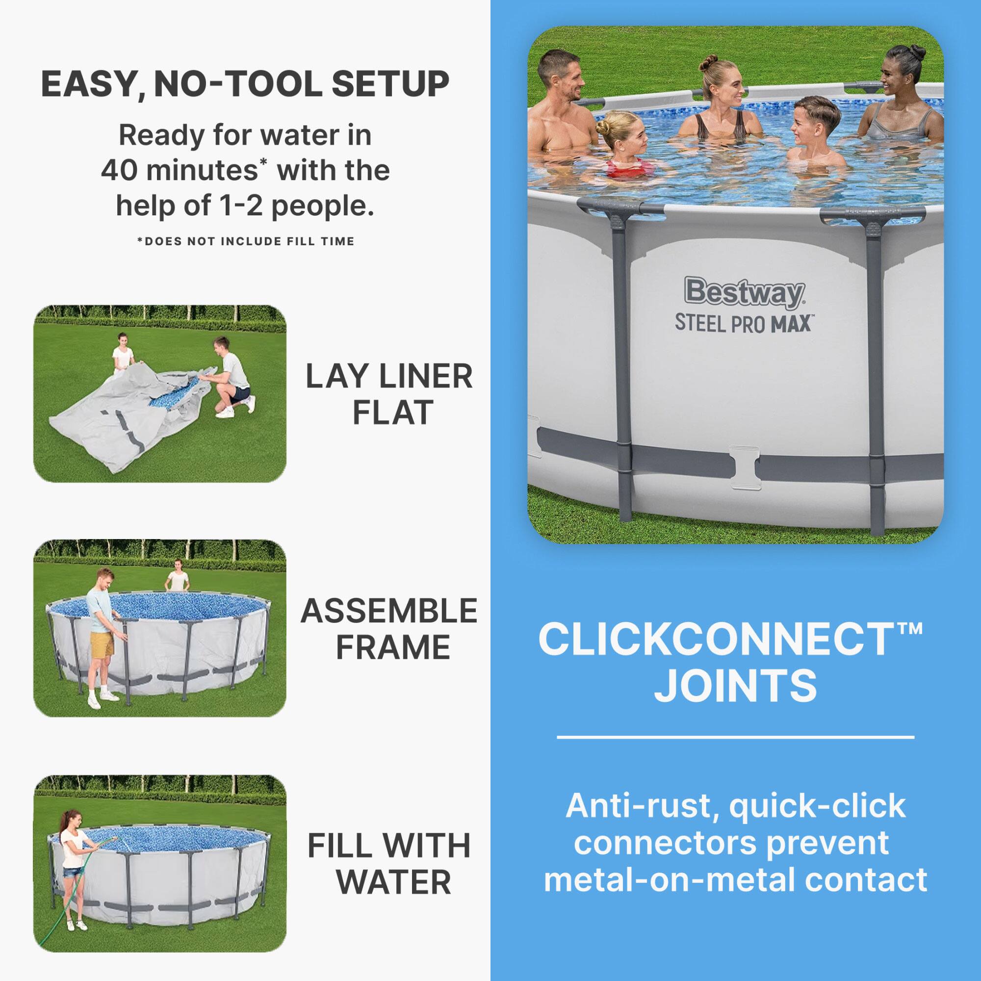EASY, NO-TOOL SETUP  
Ready for water in 40 minutes* with the help of 1-2 people.  
*DOES NOT INCLUDE FILL TIME  

LAY LINER FLAT  

ASSEMBLE FRAME  

FILL WITH WATER  

CLICKCONNECT™ JOINTS  
Anti-rust, quick-click connectors prevent metal-on-metal contact