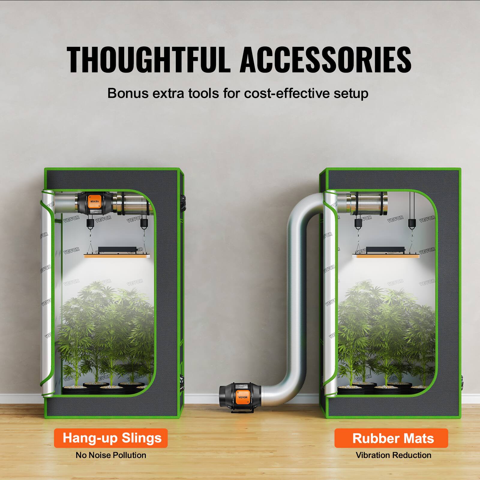 THOUGHTFUL ACCESSORIES  
Bonus extra tools for cost-effective setup  

1. Hang-up Slings  
   - No Noise Pollution  

2. Rubber Mats  
   - Vibration Reduction