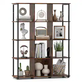 Costway - 12-Cube Bookcase 57" Tall Freestanding Bookshelf Industrial Shelf Display Rack - Brown
