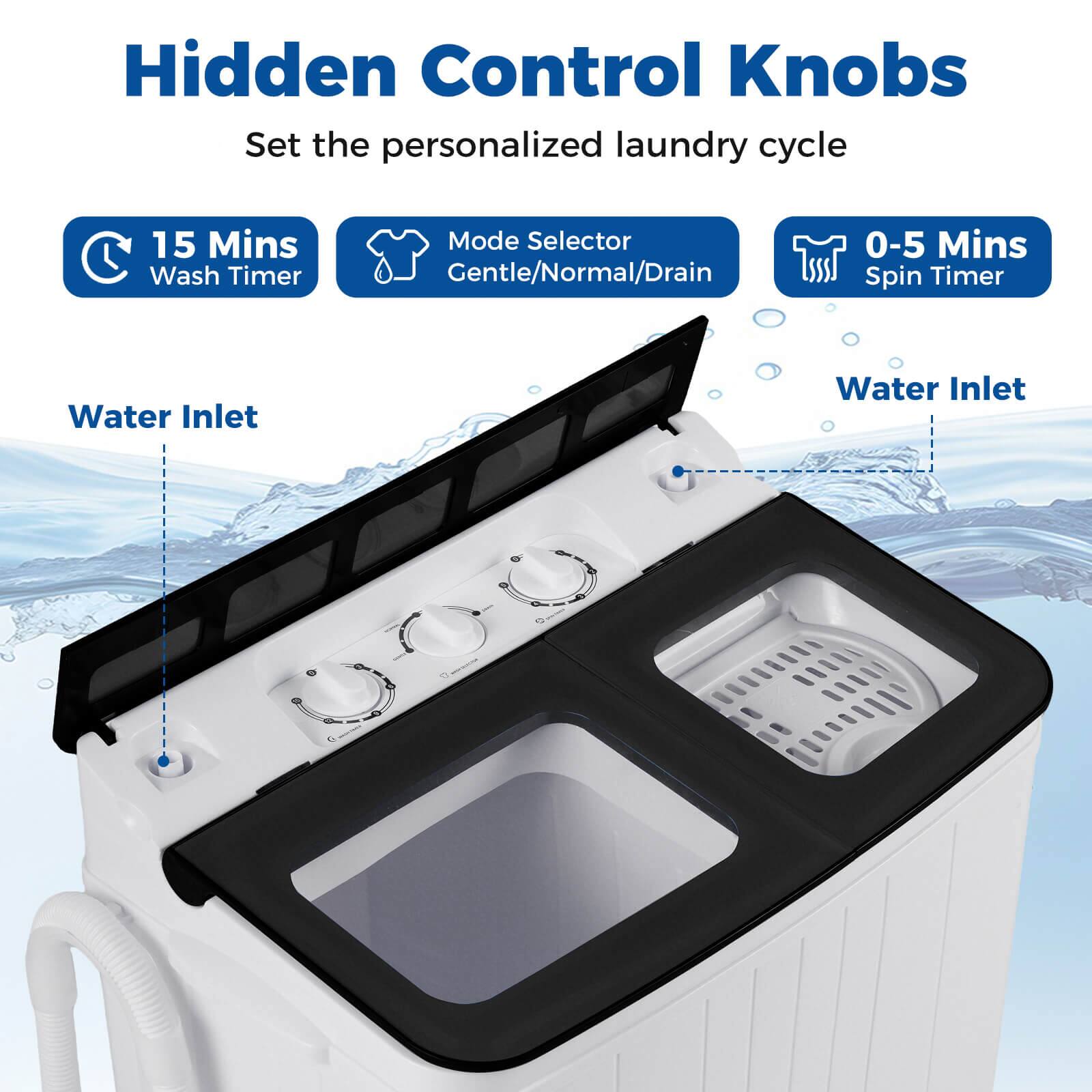 Hidden Control Knobs  
Set the personalized laundry cycle  

- 15 Mins Wash Timer  
- Mode Selector Gentle/Normal/Drain  
- 0-5 Mins Spin Timer  

Water Inlet