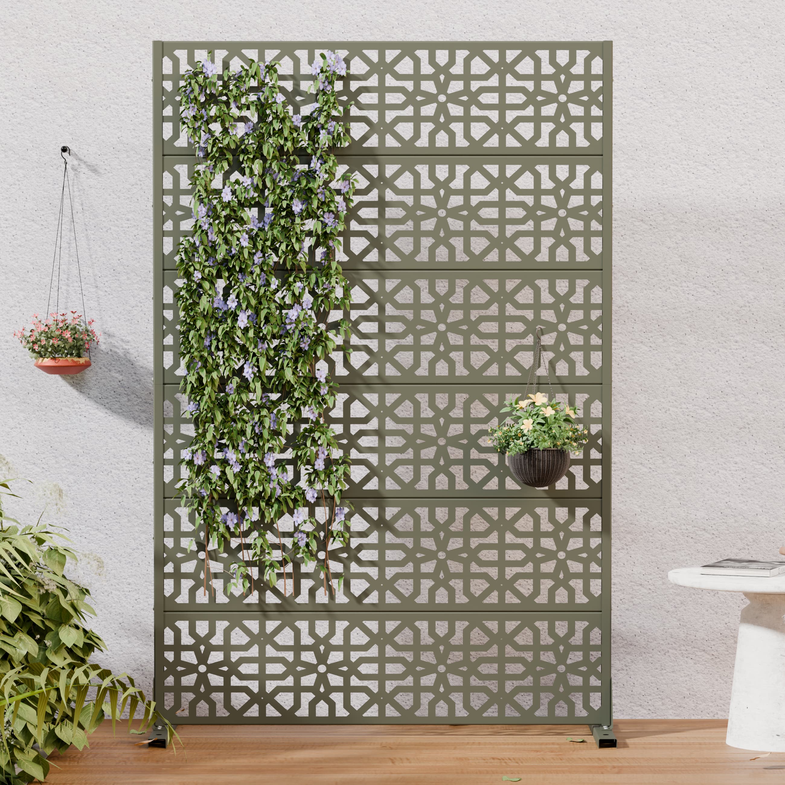 PexFix - Outdoor Privacy Screen Decorative Laser-Cut Metal Privacy Fence Freestanding & Portable Partition with Stable Base - Olive Gray