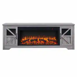 RYHNUYNE - 75" Fireplace TV Stand for TVs up to 80" with 44" Electric Fireplace – Log Flame Effect, Remote Control & Touch Display - Gray Wash