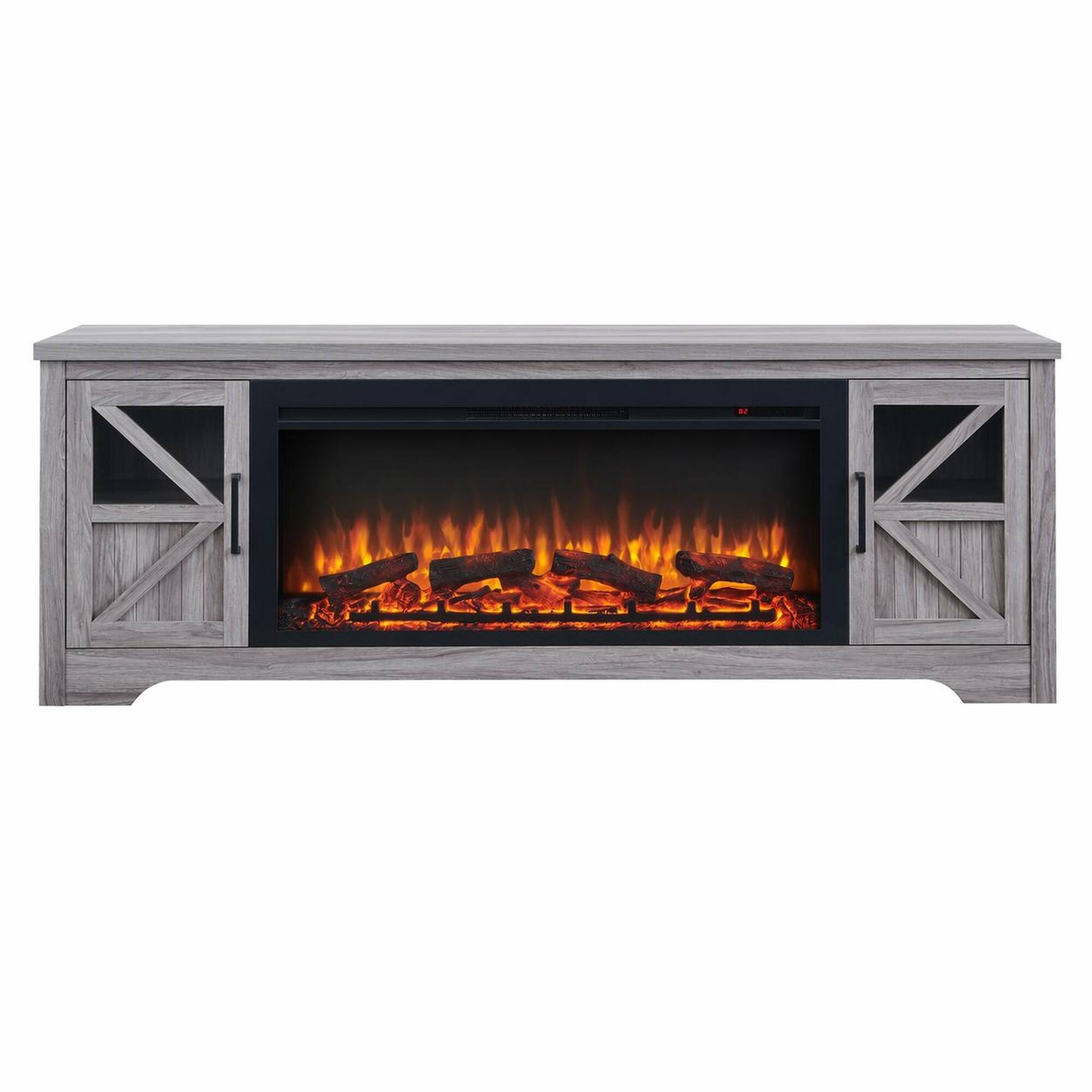 Front. RYHNUYNE - 75" Fireplace TV Stand for TVs up to 80" with 44" Electric Fireplace – Log Flame Effect, Remote Control & Touch Display - Gray Wash.