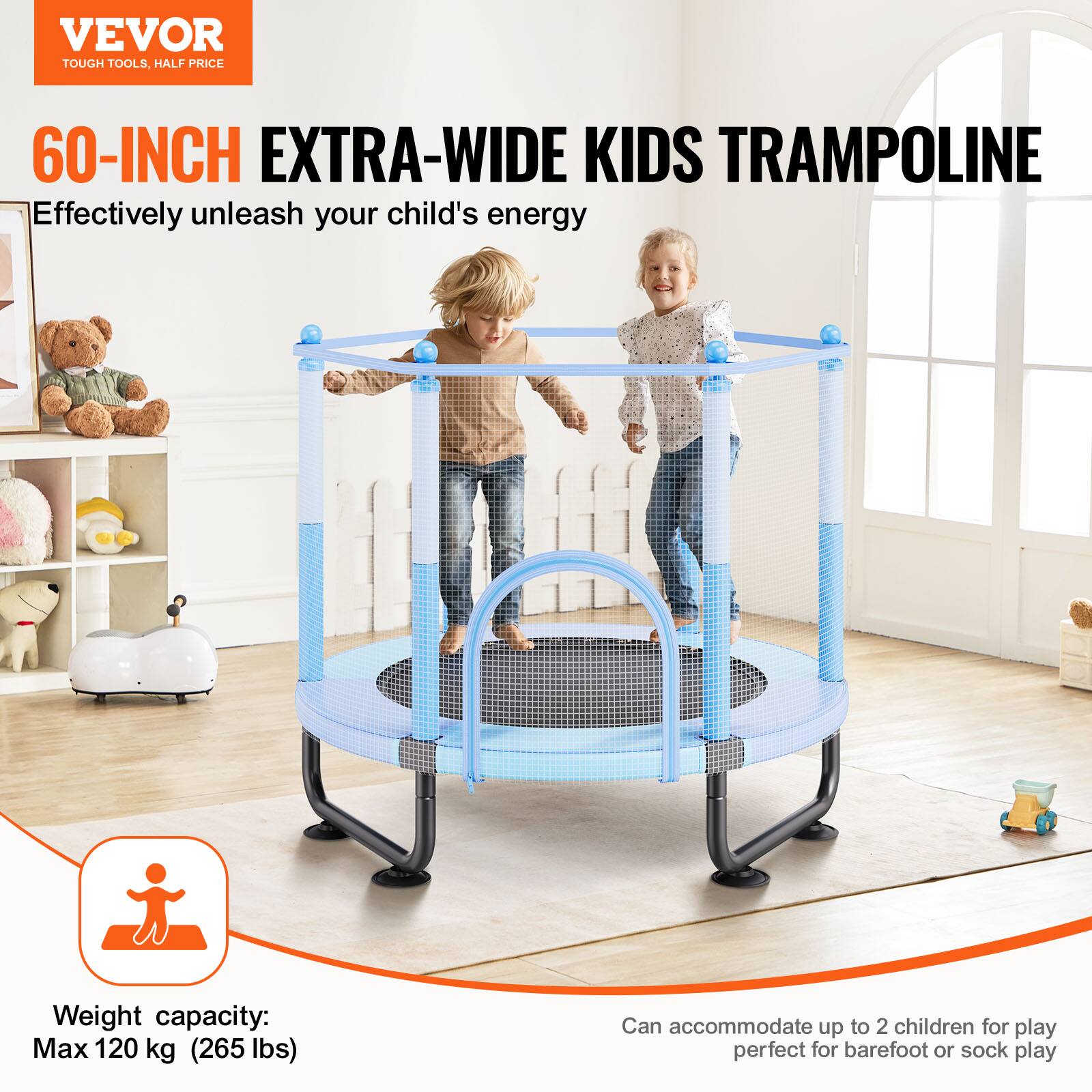 **VEVOR TOUGH TOOLS, HALF PRICE**

**60-INCH EXTRA-WIDE KIDS TRAMPOLINE**

Effectively unleash your child's energy!

- Weight capacity: Max 120 kg (265 lbs)
- Can accommodate up to 2 children for play
- Perfect for barefoot or sock play
