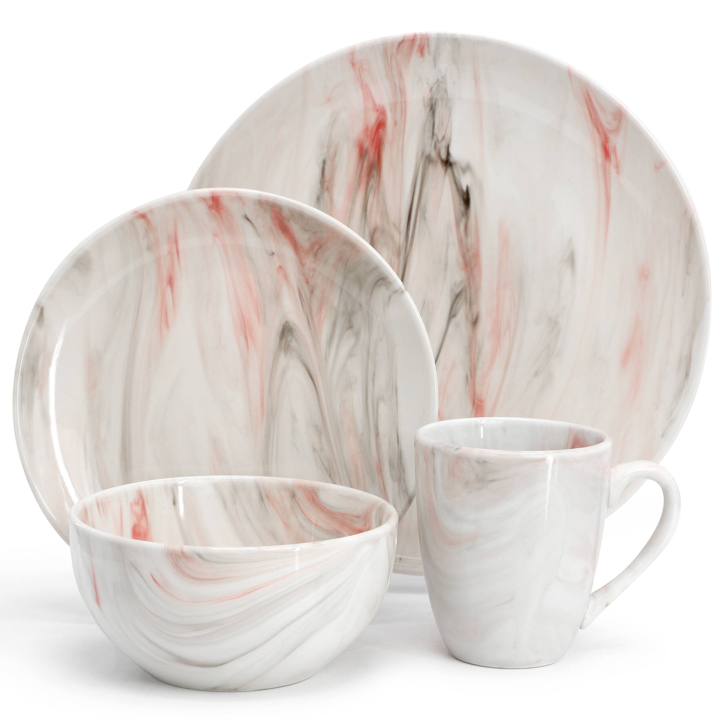 Alt View 1. Elama - Elama Fine Marble 16 Piece Porcelain Dinnerware Set in Red and Gray - Red and Gray.
