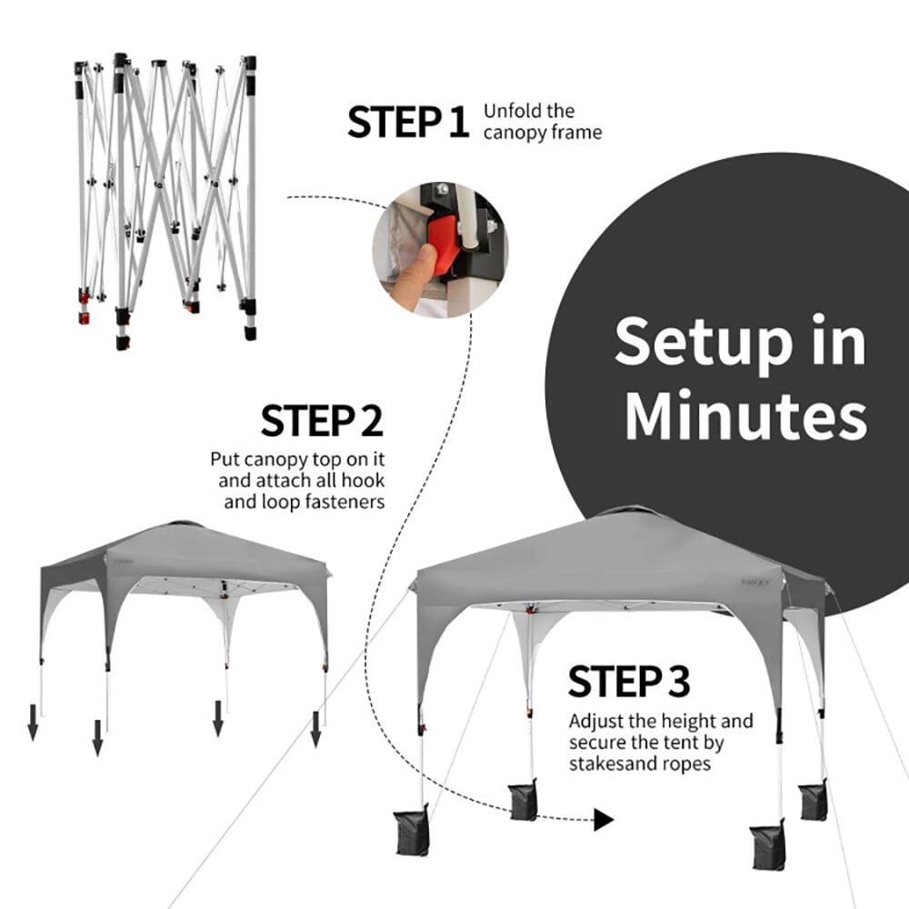 Unfold the canopy frame (STEP 1)

Put canopy top on it and attach all hook and loop fasteners (STEP 2)

Adjust the height and secure the tent by stakes and ropes (STEP 3)

Setup in Minutes