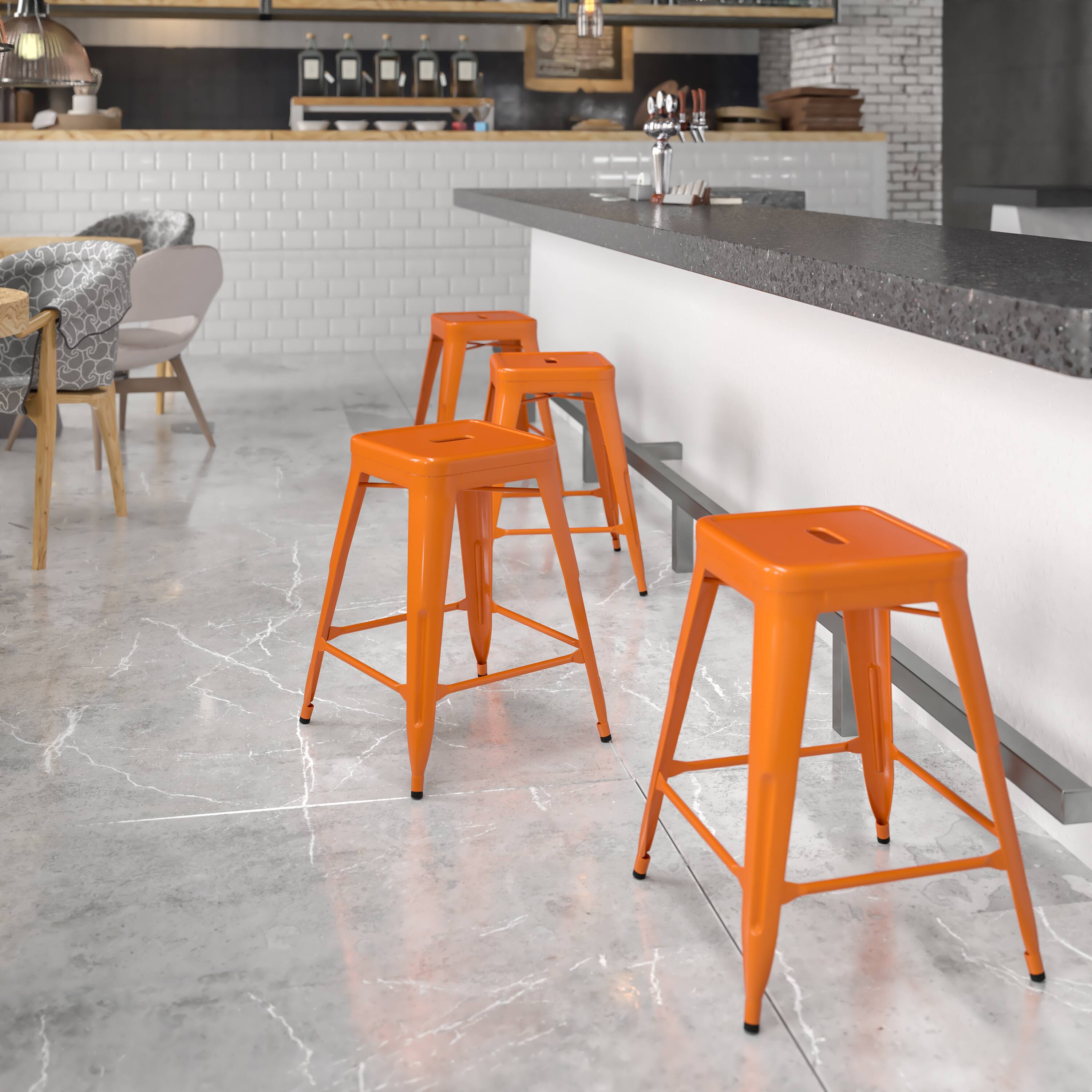 Alt View 1. Emma + Oliver - Commercial Grade 24"H Backless Metal Indoor-Outdoor Counter Stool w/ Square Seat - Orange.
