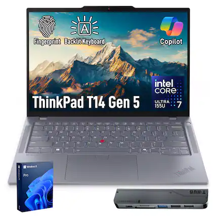 A Fingerprint Backlit Keyboard Copilot ThinkPad T14 Gen 5 intel CORE ULTRA 155U 7
Windows 11 Pro
ThinkPad T-HUB
