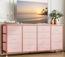 TROPOW - 14 Drawer Dresser & TV Stand, with Power Outlet for 65 70 75 Inch TV, Long Entertainment Center for Home Room Decor - Pink