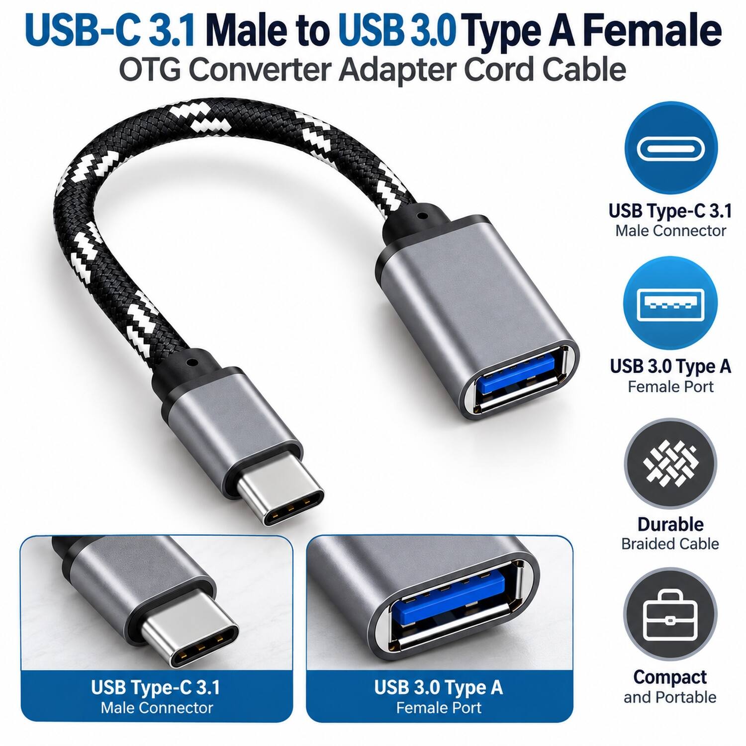 USB-C 3.1 Male to USB 3.0 Type A Female OTG Converter Adapter Cord Cable

- USB Type-C 3.1 Male Connector
- USB 3.0 Type A Female Port
- Durable Braided Cable
- Compact and Portable