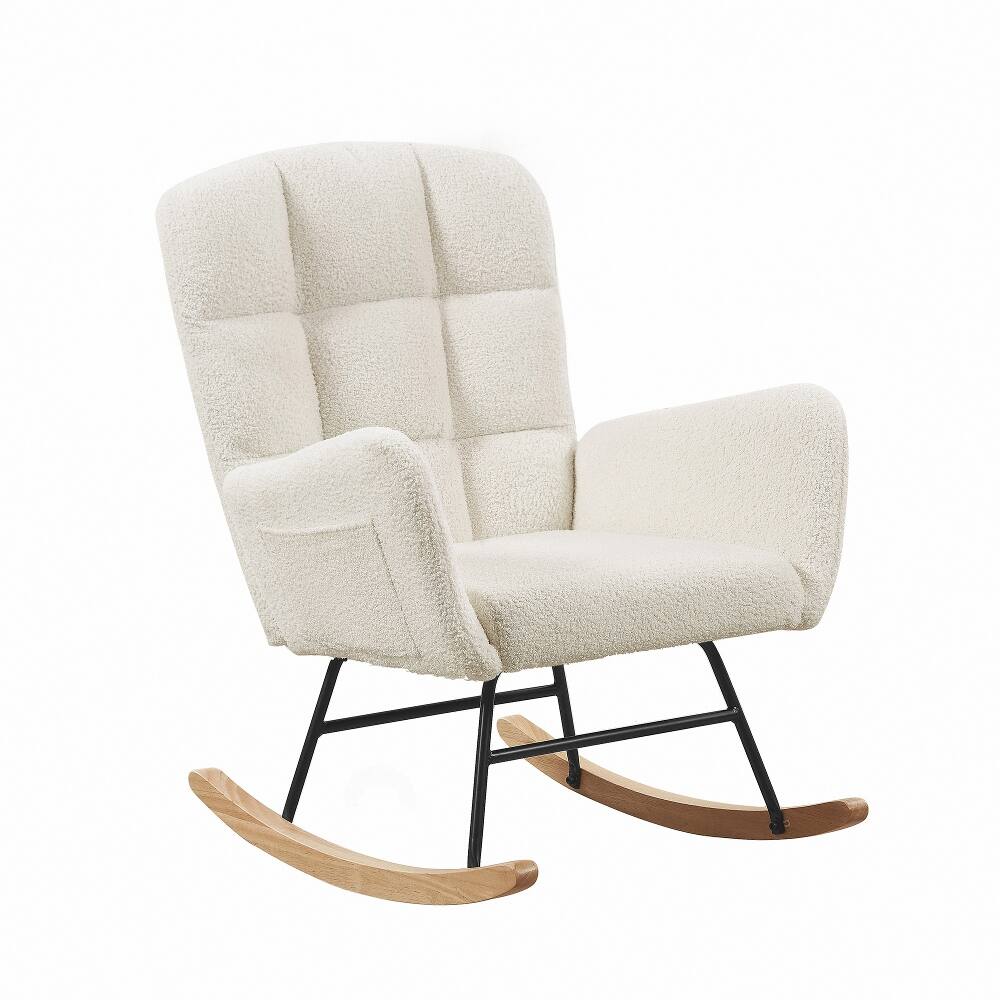 Back. Loheer - Loheer Cream White Teddy Rocking Chair Nursery Accent Armchair - Cream White.