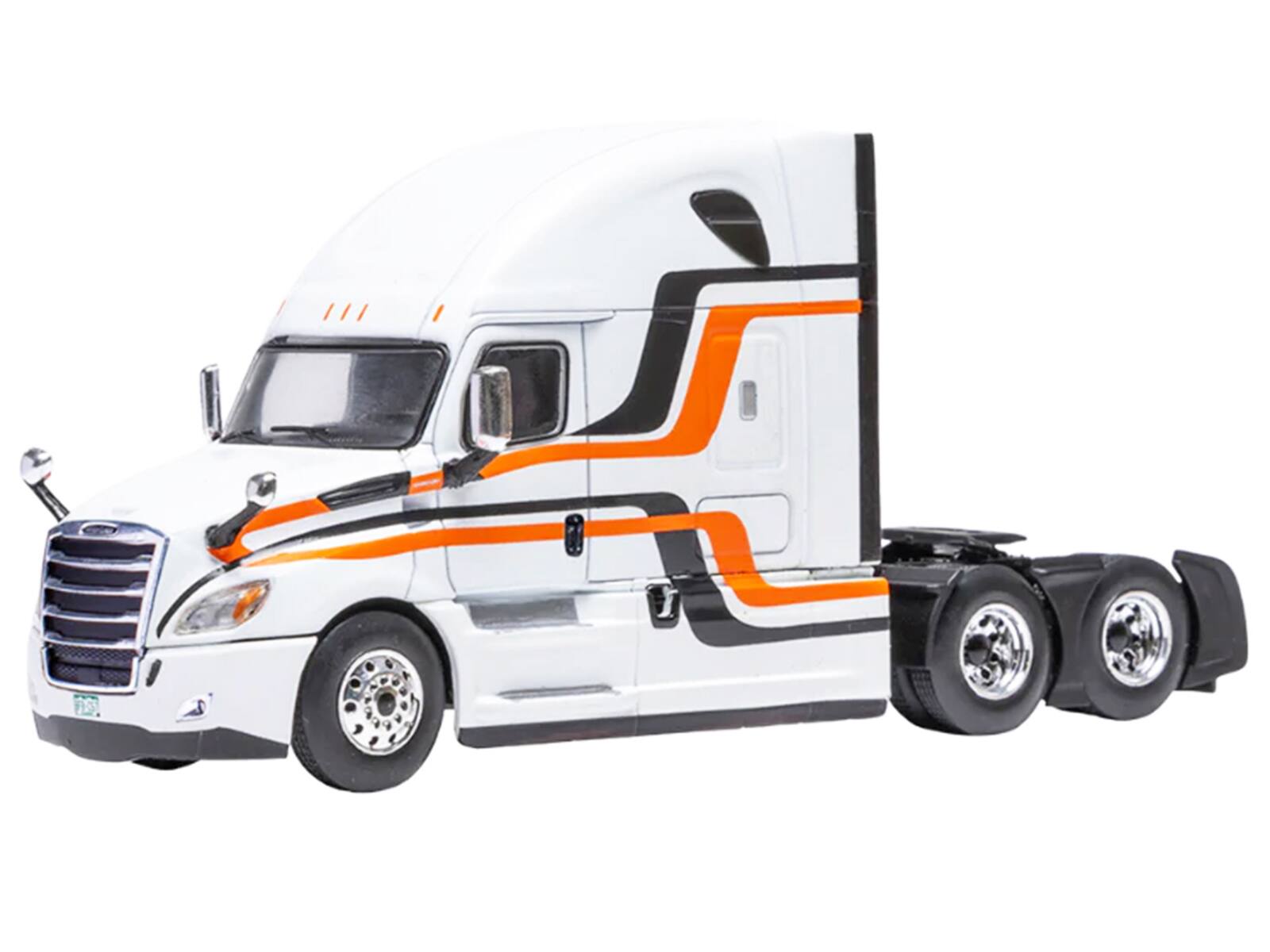 Angle. IXO - 2018 Freightliner Cascadia Truck Tractor White with Black and Orange Stripes 1/64 Diecast Model by IXO Models - White.