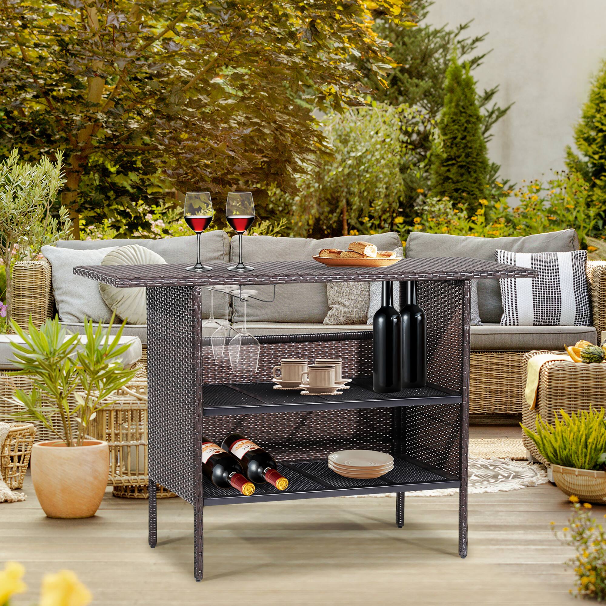 Alt View 1. Costway - Costway Patio Garden Rattan Wicker Bar Height Counter Table Storage Shelf Rail - Brown.