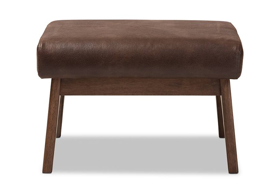 Angle. Baxton Studio - Bianca Mid-Century Modern Walnut Wood Distressed Faux Leather Effect Ottoman - Dark Brown/"Walnut" Brown.
