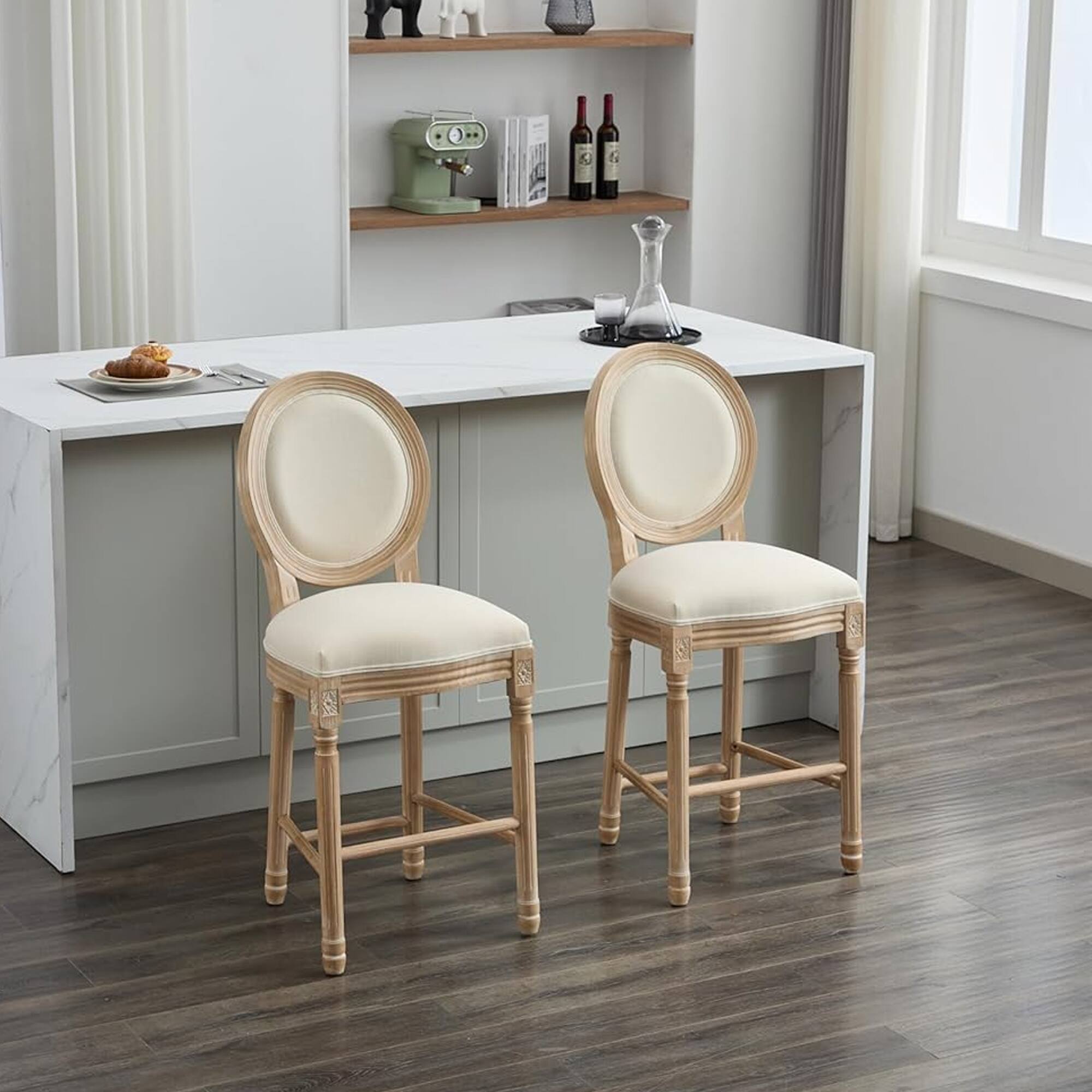 Alt View 7. HTUTWOO - Solid Wood Bar stools Set of 2, French Country Counter Height Chairs, with Cushion Back for Kitchen Island, Dining Room - Beige .