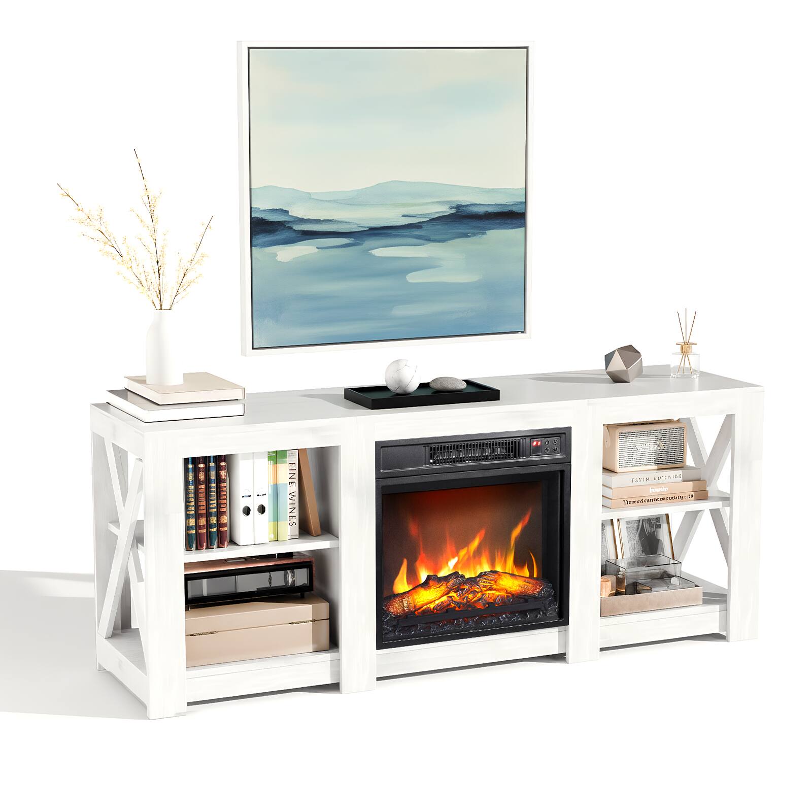 Chateau Abodes - 58" Fireplace TV Stand with Double-Sided Cross Design & 18" Fireplace Core - White