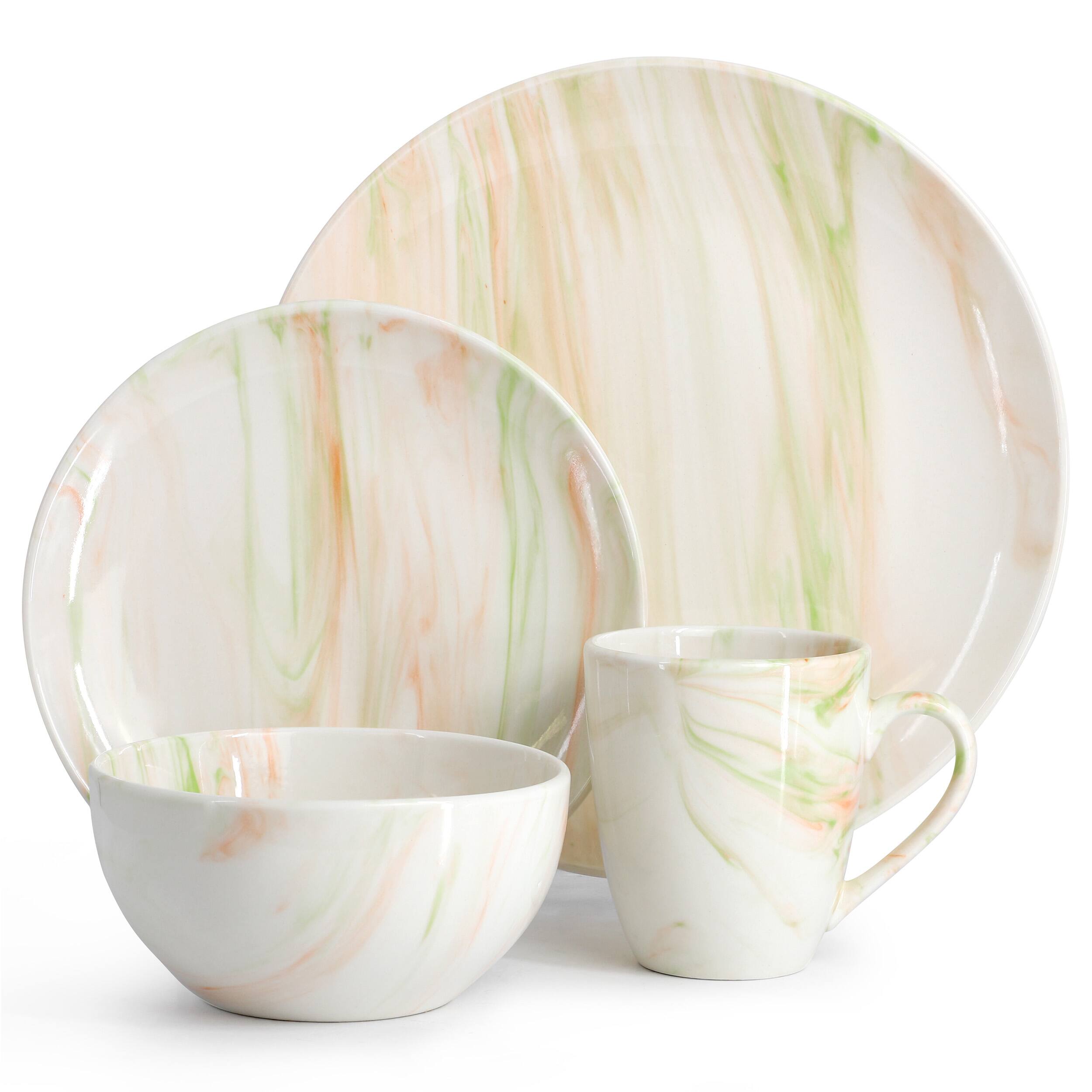 Alt View 1. Elama - Elama Fine Marble 16 Piece Porcelain Dinnerware Set in Orange and Green - Orange and Green.