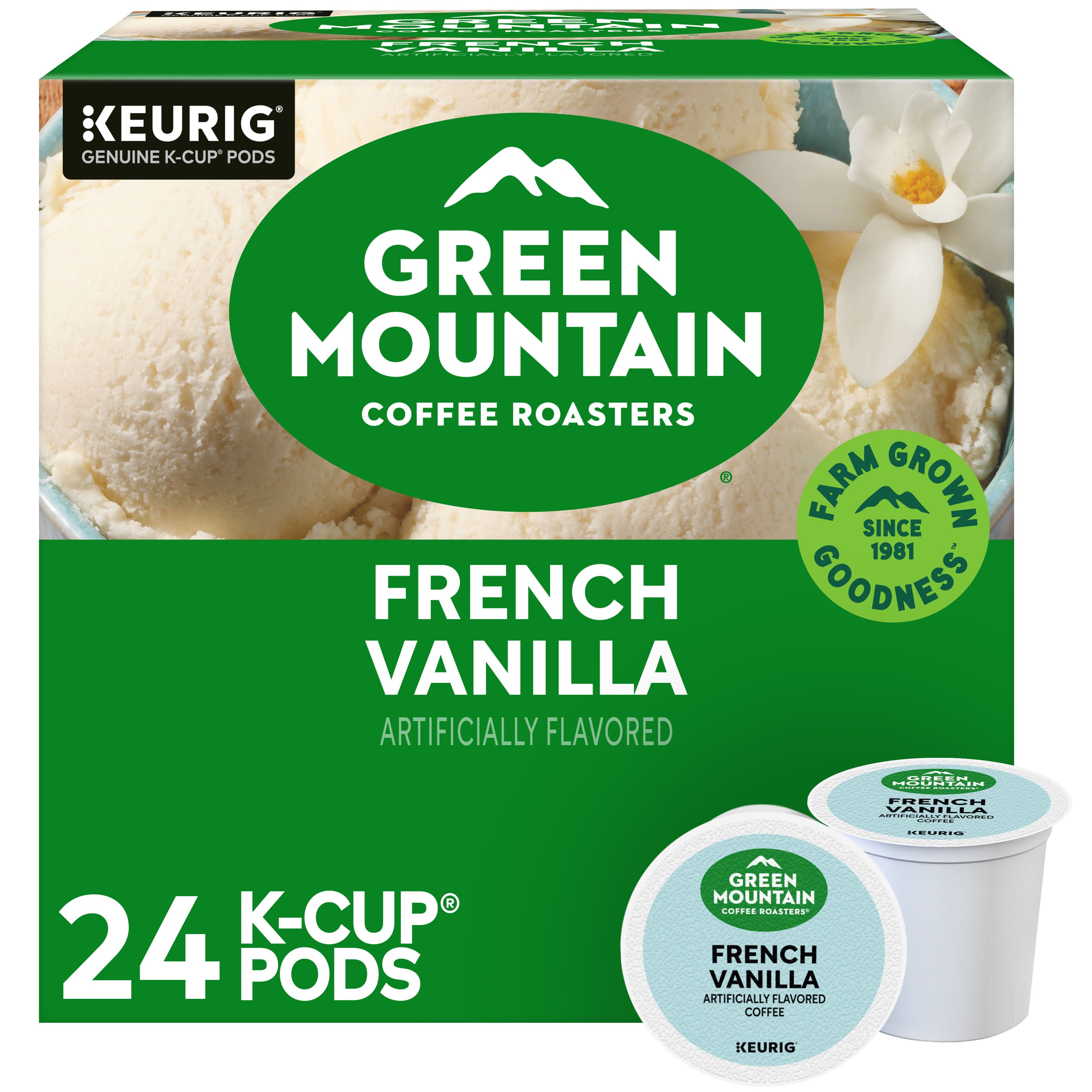 Sure, here is the corrected and grouped text from the image:
---
**KEURIG**
GENUINE K-CUP® PODS
**GREEN MOUNTAIN COFFEE ROASTERS**
**FRENCH VANILLA**
ARTIFICIALLY FLAVORED
**24 K-CUP® PODS**
**FARM GROWN SINCE 1981**
**GOODNESS**
---
**GREEN MOUNTAIN COFFEE ROASTERS**
**FRENCH VANILLA**
ARTIFICIALLY FLAVORED COFFEE
**KEURIG**
---