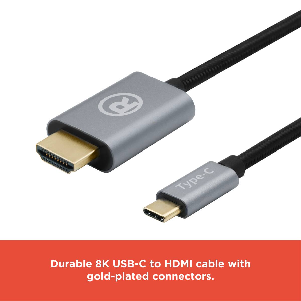 Durable 8K USB-C to HDMI cable with gold-plated connectors.