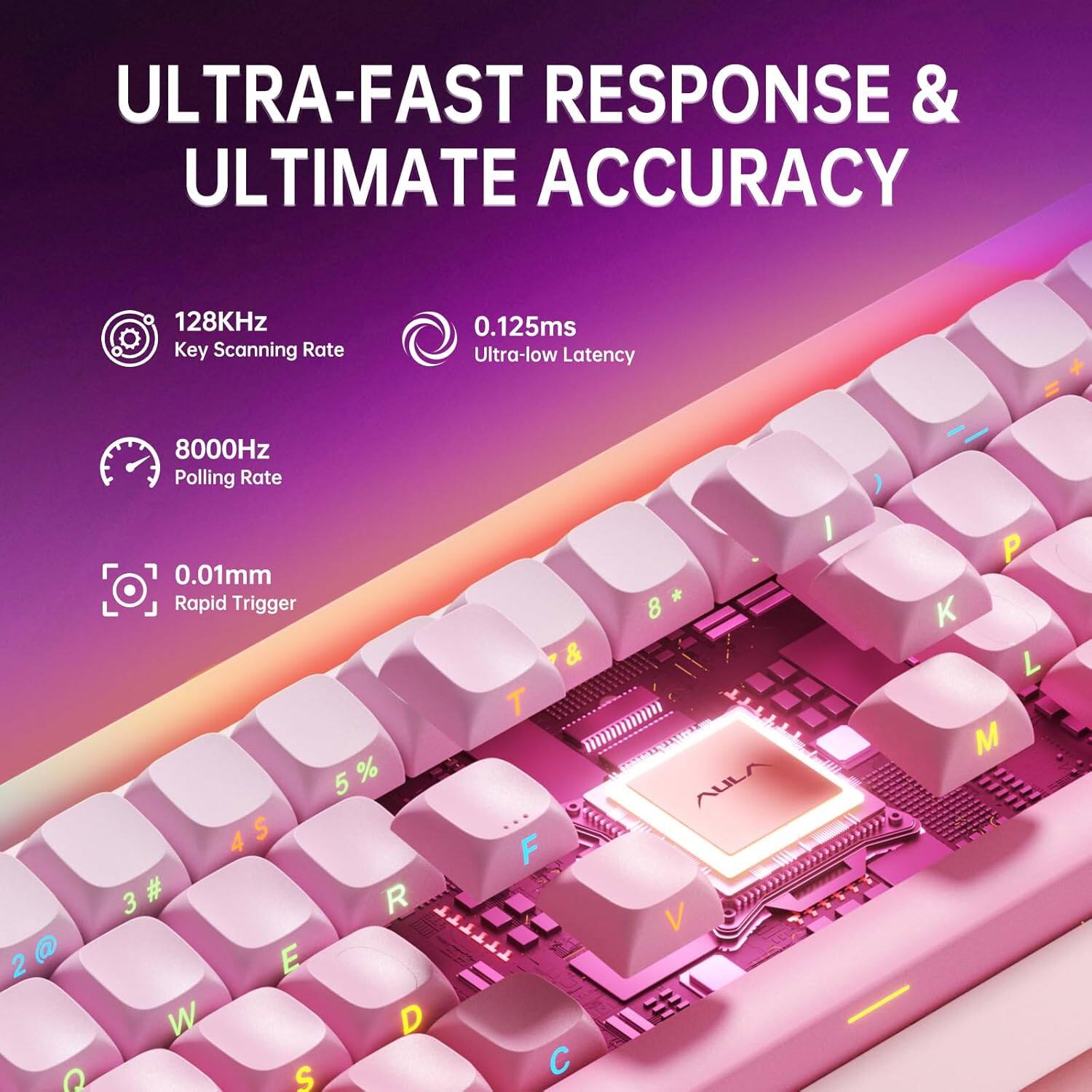 ULTRA-FAST RESPONSE & ULTIMATE ACCURACY

128KHz Key Scanning Rate

0.125ms Ultra-low Latency

8000Hz Polling Rate

0.01mm Rapid Trigger