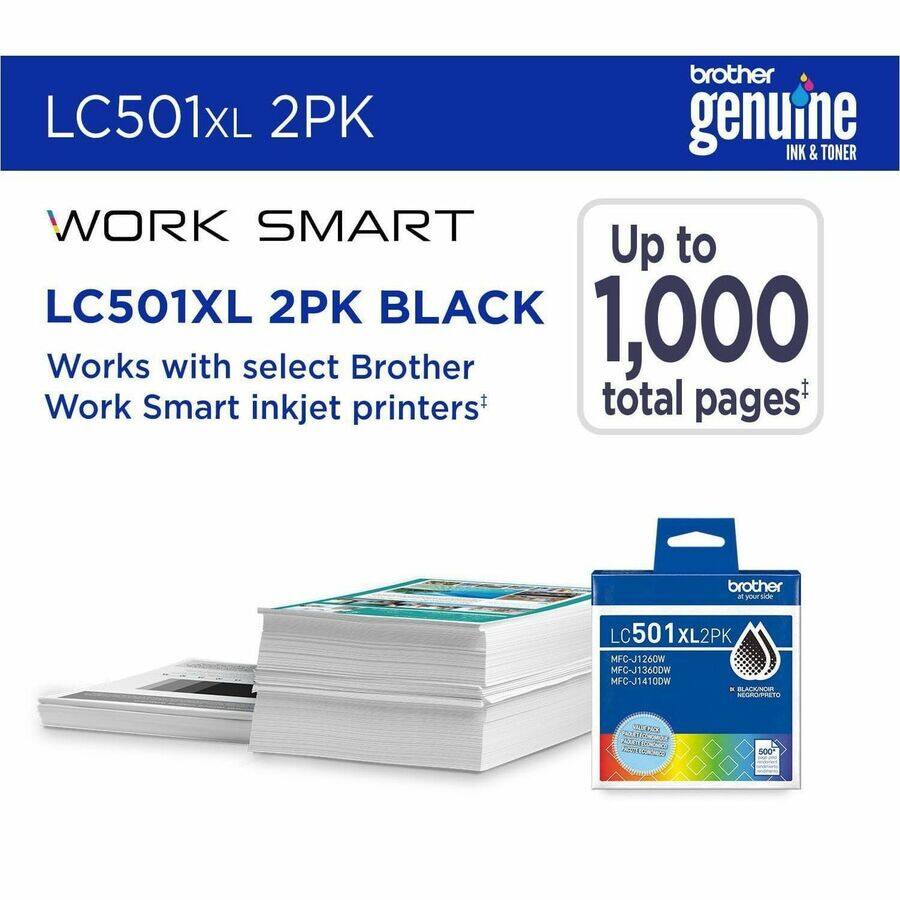 LC501XL 2PK brother genuine INK & TONER WORK SMART Up to 1,000 total pages Works with select Brother Work Smart inkjet printers+ LC501XL 2PK BLACK MFC-J1260W MFC-J1360DW MFC-J1410DW