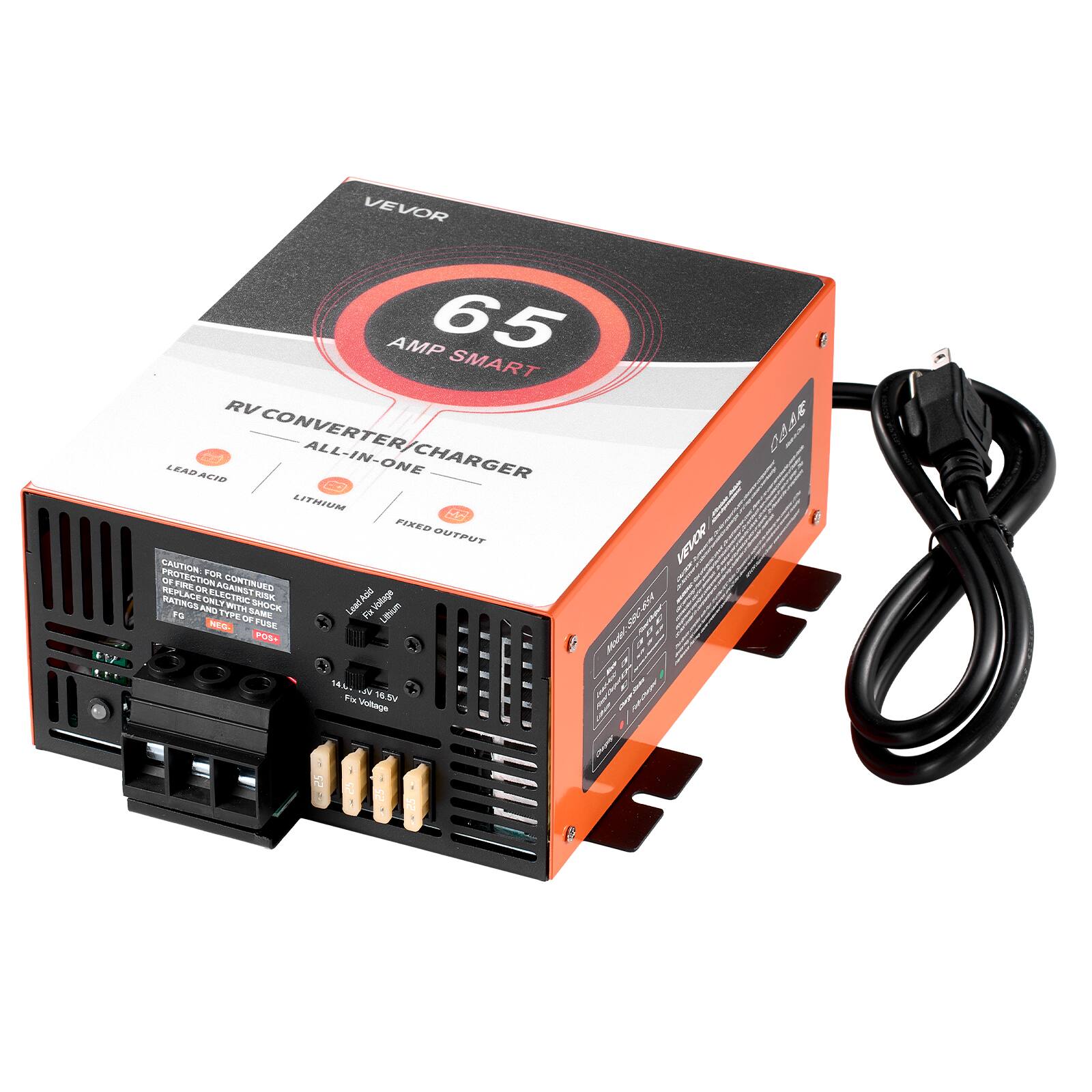 XXI ...  
VEVOR AMP 65 SMART RV CONVERTER/CHARGER ALL-IN-ONE CHARGER LITHIUM FIXED OUTPUT  
CAUTION: PROTECTION FOR CONTINUED RISK OF FIRE OR AGAINST ELECTRIC SHOCK. REPLACE ONLY WITH SAME RATINGS AND TYPE OF FUSE.  
Lead Acid Voltage: 14.4V  
Lithium Voltage: 16.5V  
Fix Voltage: 100 hours  
VEVOR