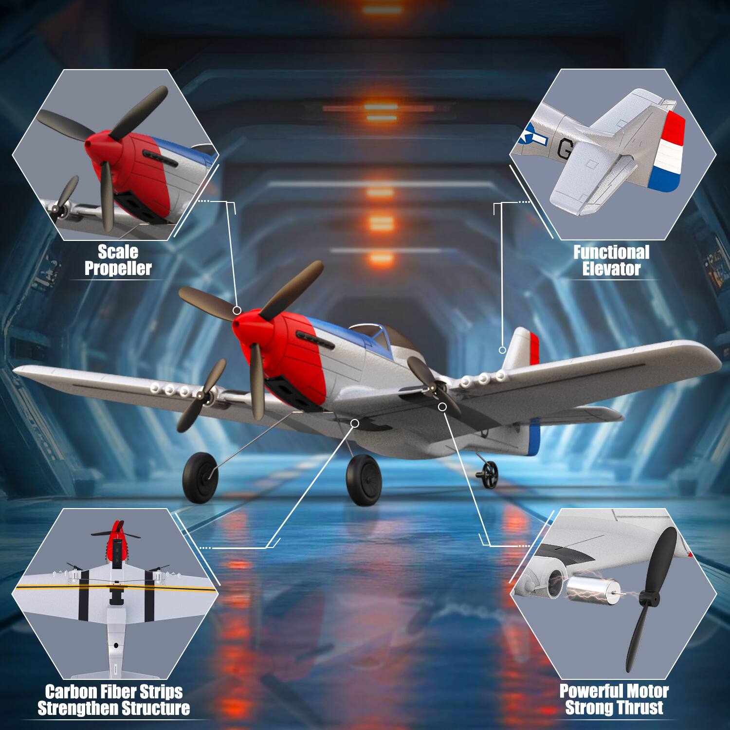 Scale Propeller  
Functional Elevator  
Carbon Fiber Strips Strengthen Structure  
Powerful Motor Strong Thrust