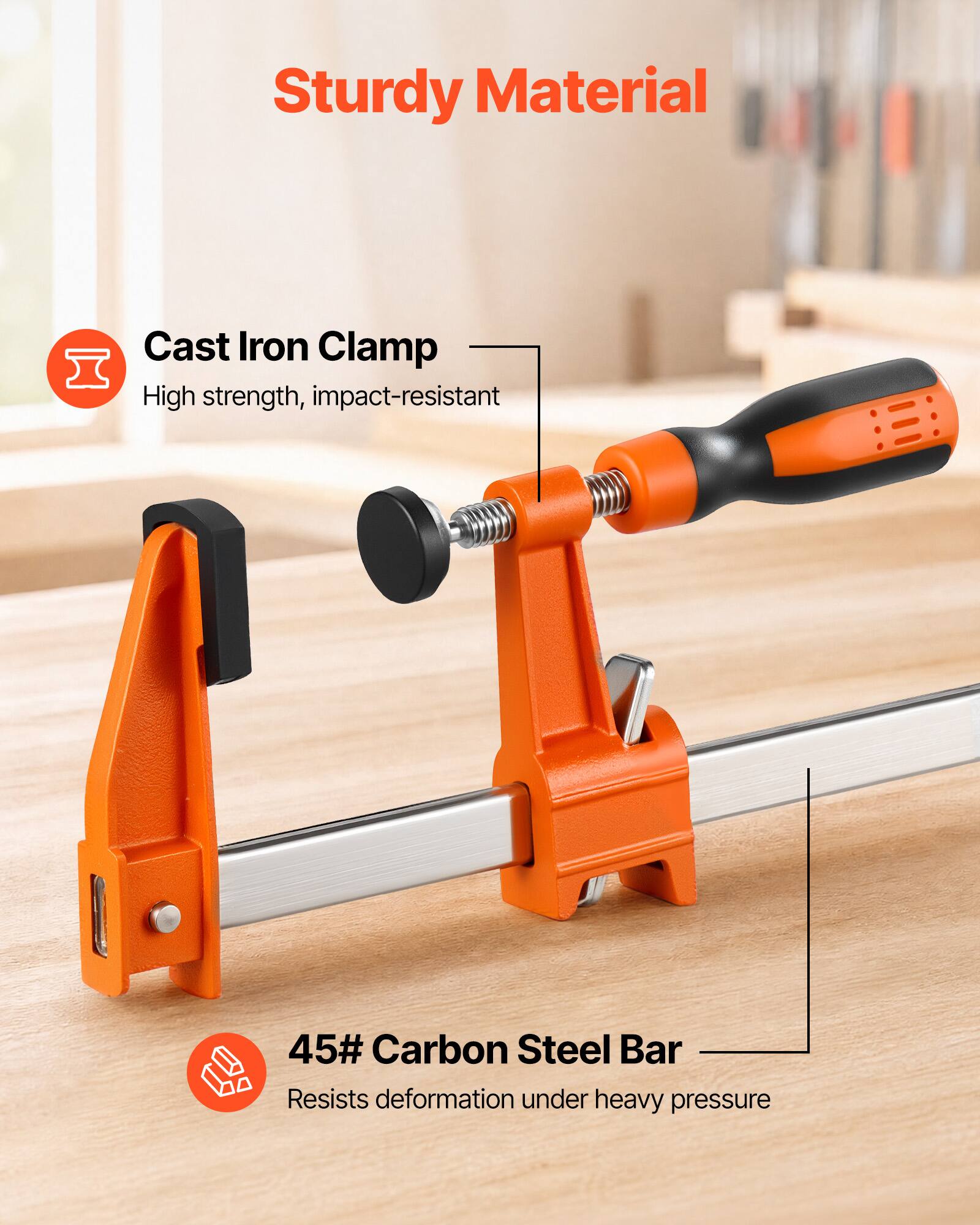 Sturdy Material

Cast Iron Clamp
High strength, impact-resistant

45# Carbon Steel Bar
Resists deformation under heavy pressure