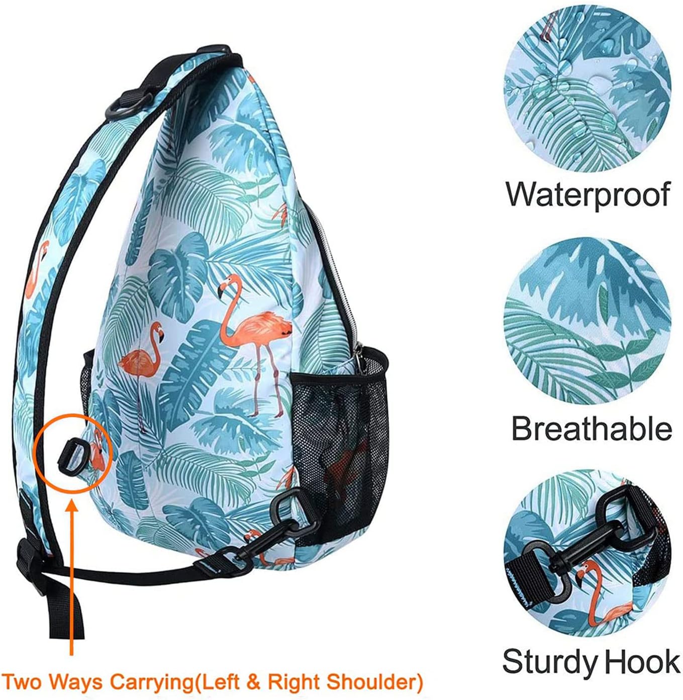 Waterproof  
Breathable  
Two Ways Carrying (Left & Right Shoulder)  
Sturdy Hook