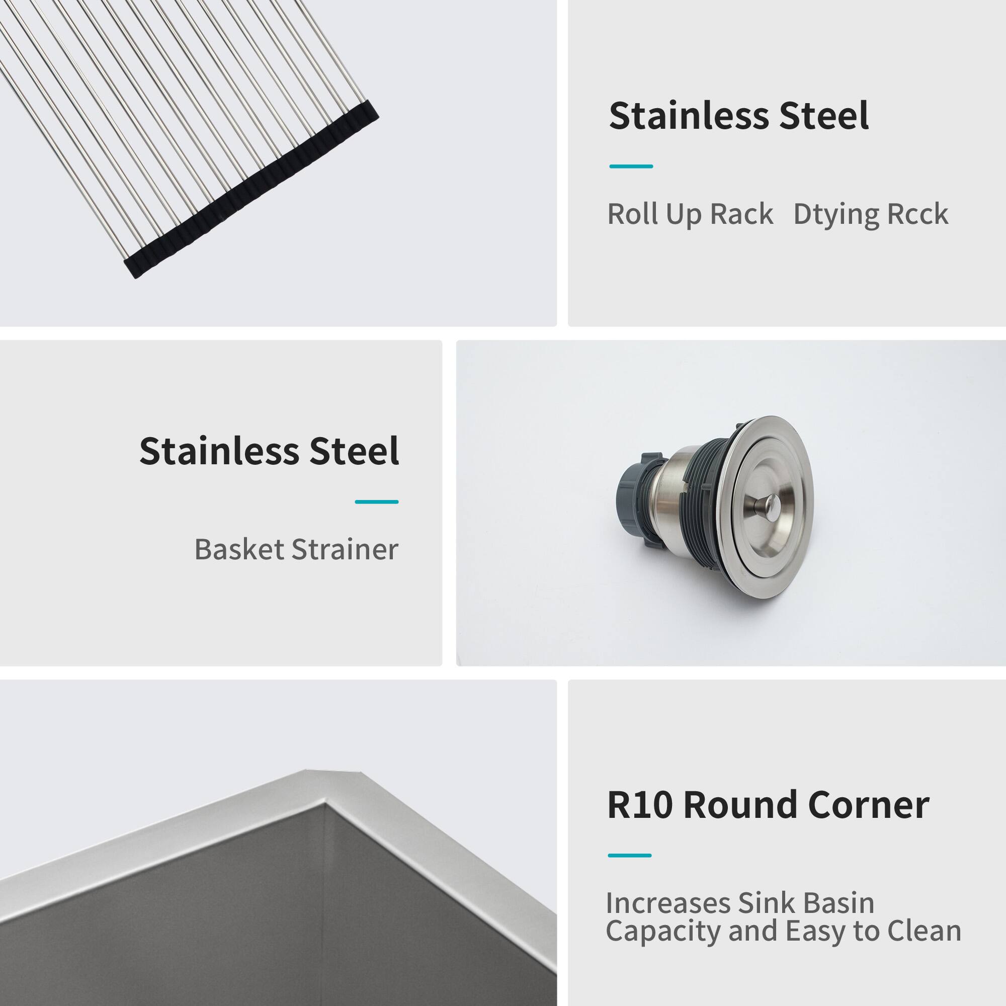 Stainless Steel Roll Up Rack Drying Rack Stainless Steel - Basket Strainer R10 Round Corner Increases Sink Basin Capacity and Easy to Clean
