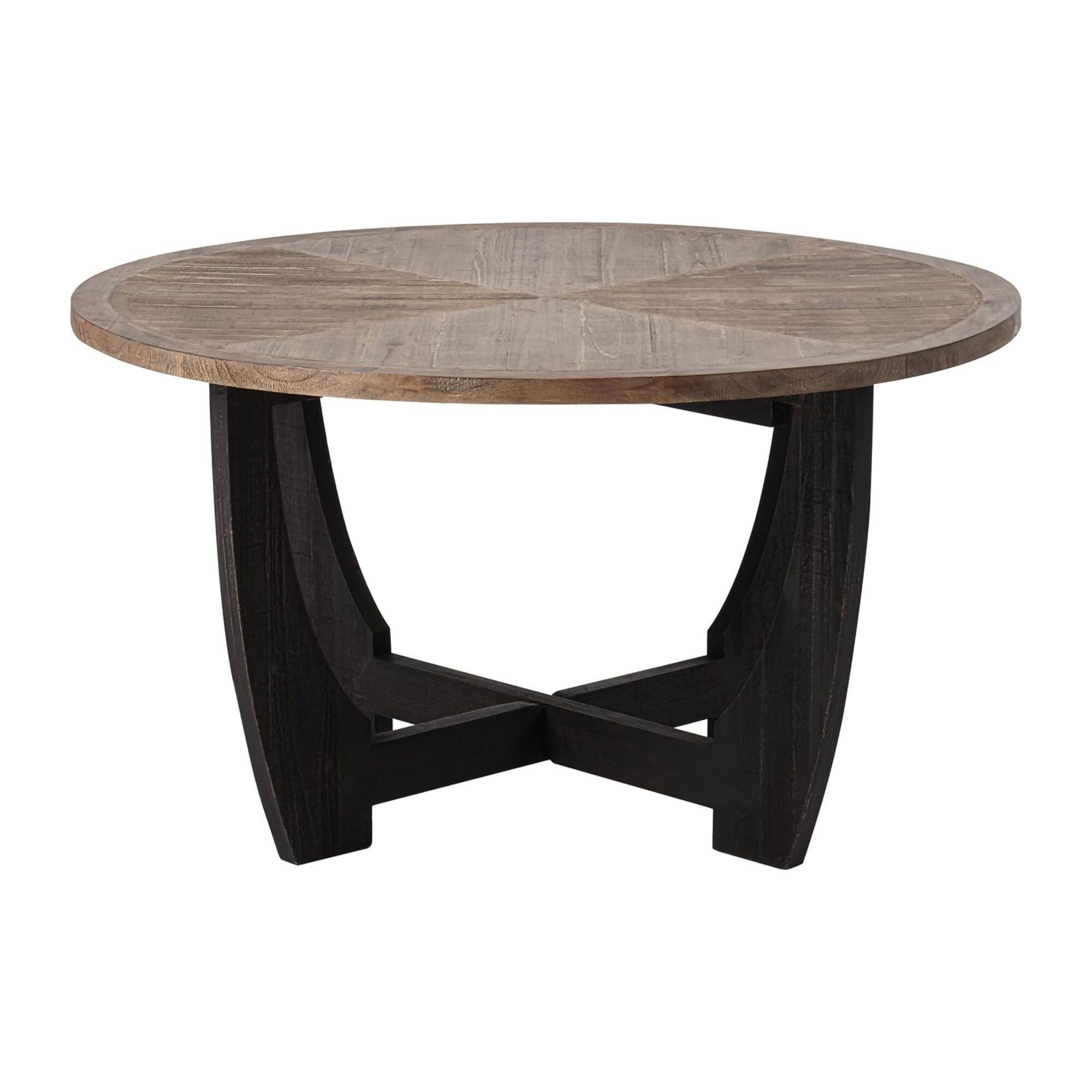 COZAYH - Rustic Farmhouse Round Coffee Table with Crisscross Base for Living Room - Black & Wood