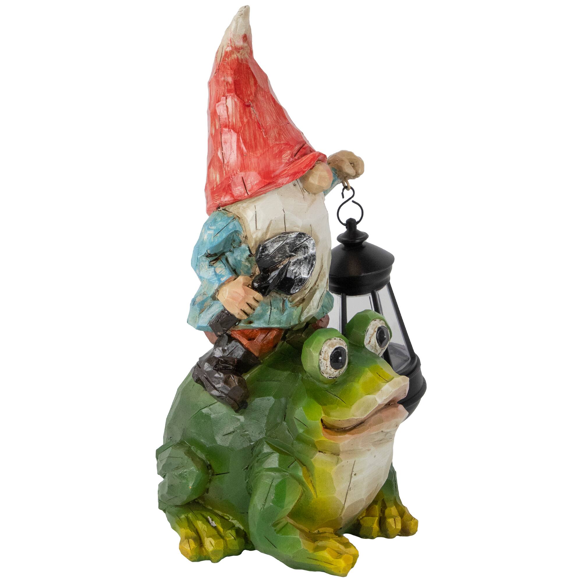 Alt View 3. Northlight - LED Solar Lighted Gnome and Frog Outdoor Garden Statue - 12.5" - Green.