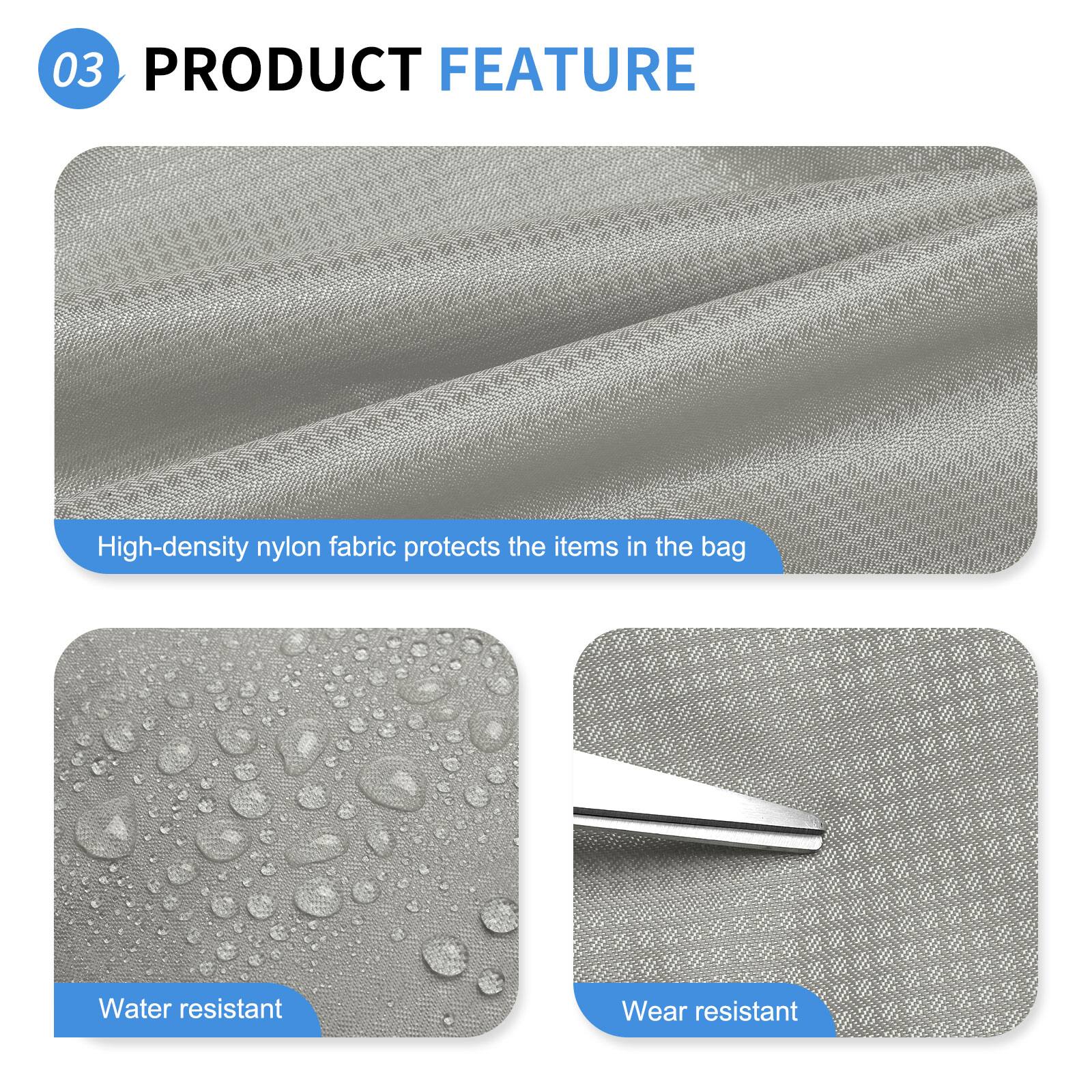 03 PRODUCT FEATURE

- High-density nylon fabric protects the items in the bag
- Water resistant
- Wear resistant