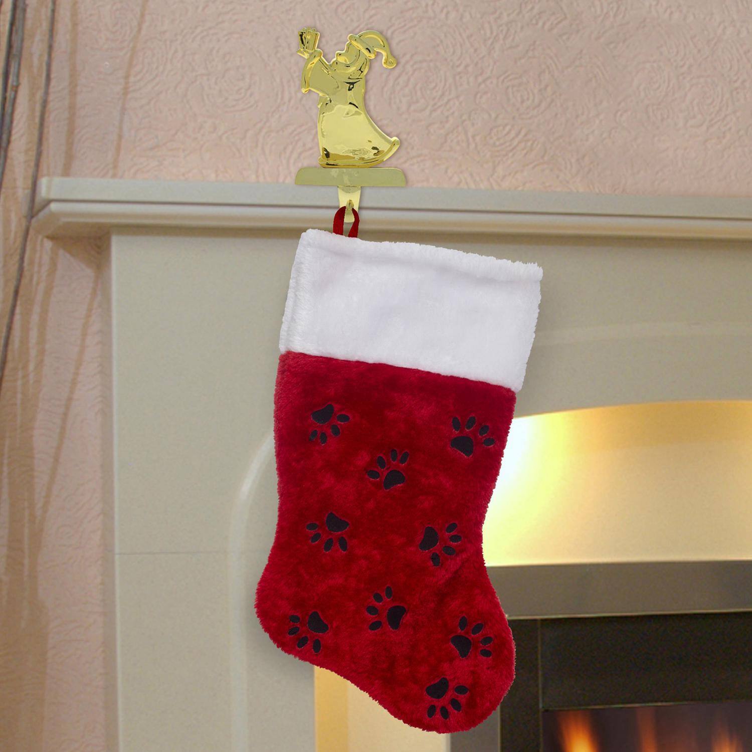 Left. Dyno - Dyno Red/White/Black Paw Print Christmas Stocking 16 in. (Case of 6) - Black|Red|White.
