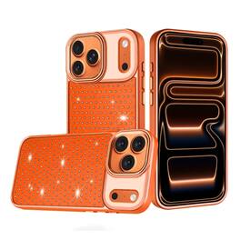Kitcheniva - Faux Crystals Chrome Plated Phone Case With Tempered Glass For iPhone 17 Pro - Cosmic Orange