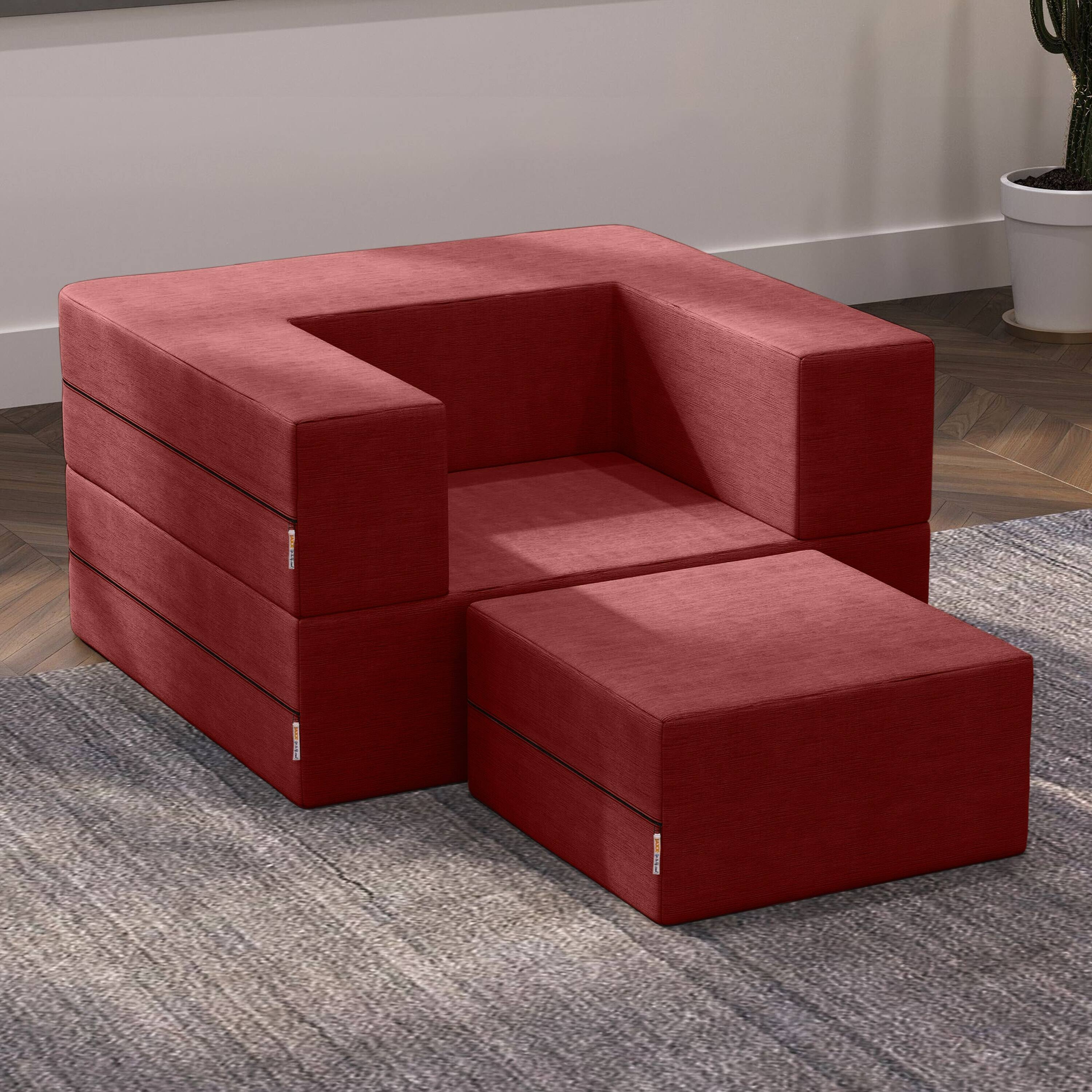 Left. Jaxx - Jaxx Zipline Convertible Sleeper Futon Chair & Ottoman with Machine-Washable Cover, Berry Red - Berry Red.