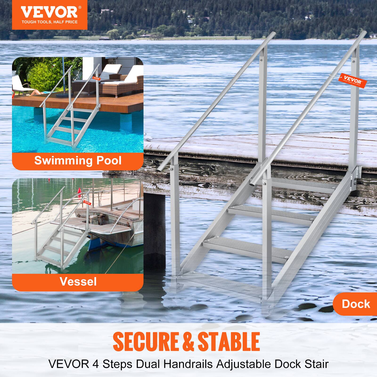 VEVOR TOUGH TOOLS, HALF PRICE - VEVOR Swimming Pool 1 Vessel Dock SECURE & STABLE VEVOR 4 Steps Dual Handrails Adjustable Dock Stair
