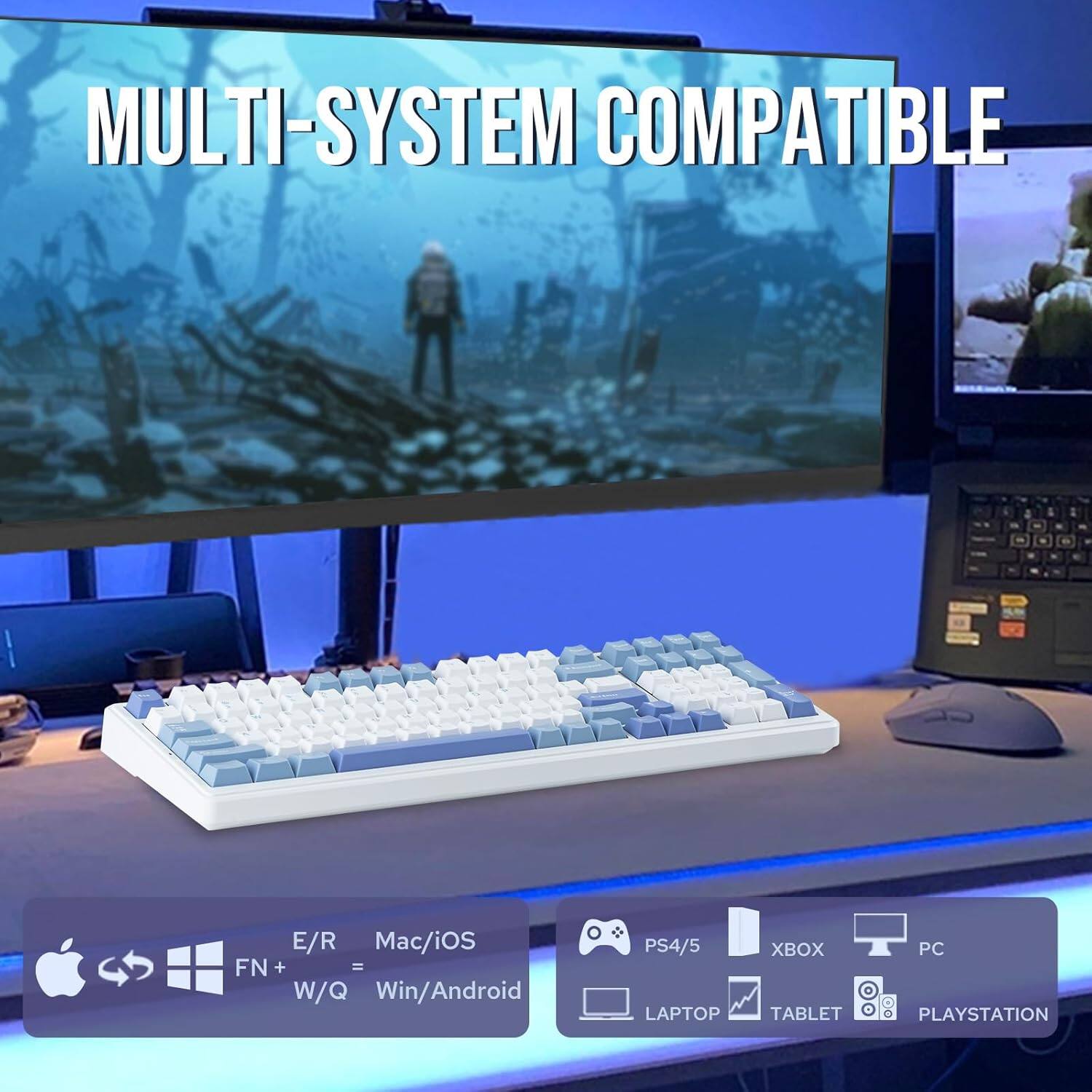 MULTI-SYSTEM COMPATIBLE

E/R Mac/iOS
FN + = W/Q Win/Android

PS4/5 XBOX PC
LAPTOP TABLET PLAYSTATION