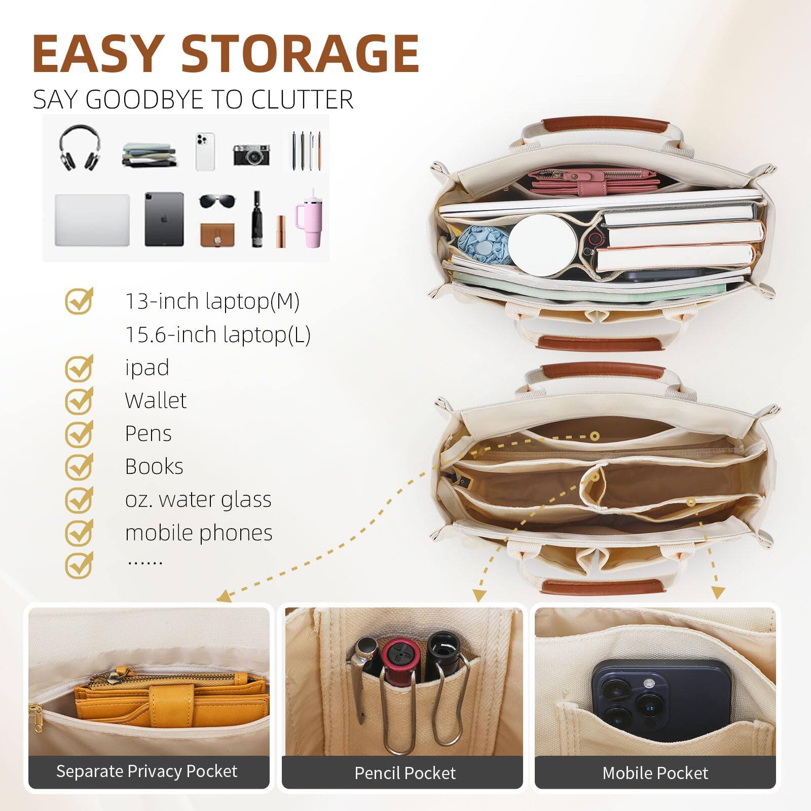 EASY STORAGE  
SAY GOODBYE TO CLUTTER  

- 13-inch laptop (M)  
- 15.6-inch laptop (L)  
- iPad  
- Wallet  
- Pens  
- Books  
- oz. water glass  
- Mobile phones  
- ......  

Separate Privacy Pocket  
Pencil Pocket  
Mobile Pocket